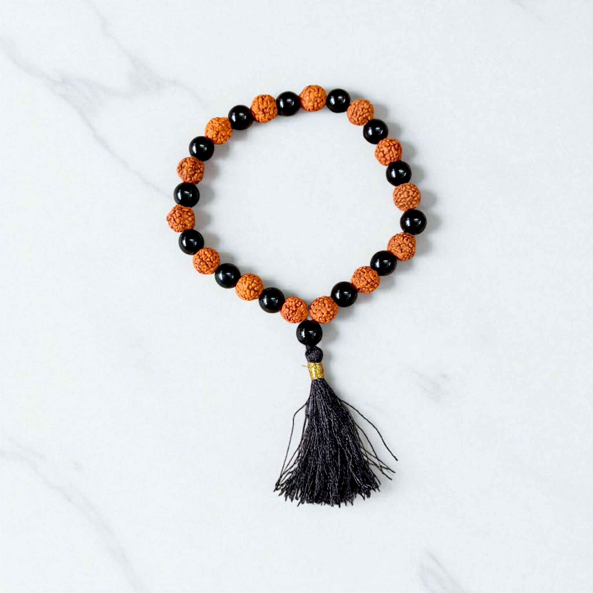 Black Agate and Rudraksha Mala with 8mm certified beads, used for meditation and spiritual practices