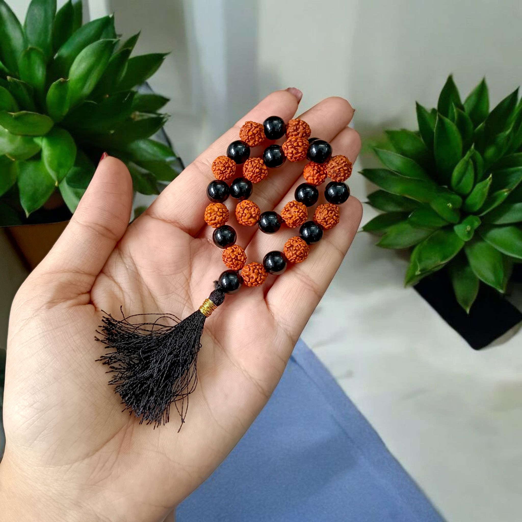 Black Agate and Rudraksha Mala with 8mm certified beads, used for meditation and spiritual practices