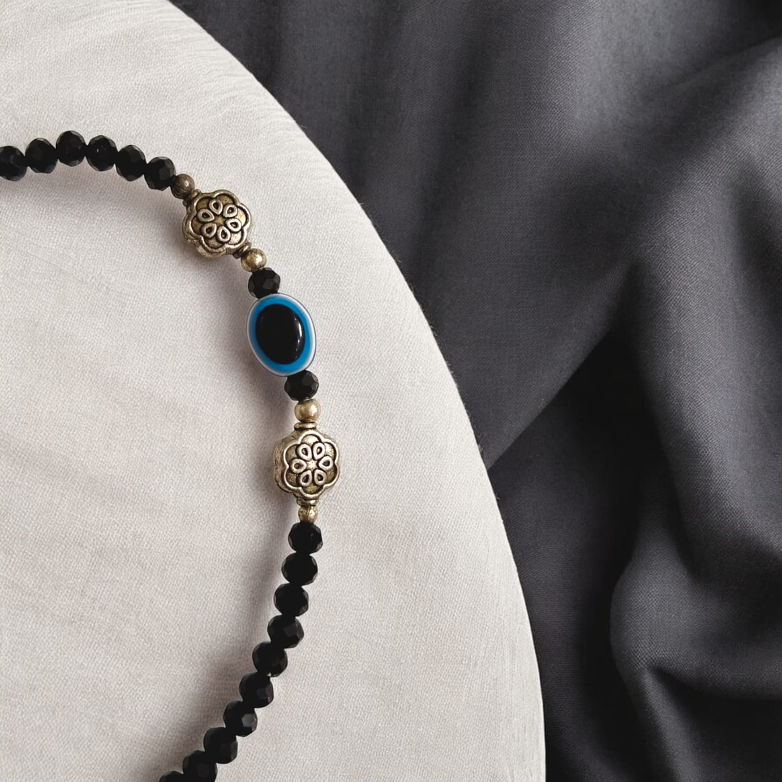 Black Crystal Beads Anklet with Evil Eye Symbol | Unisex Wear