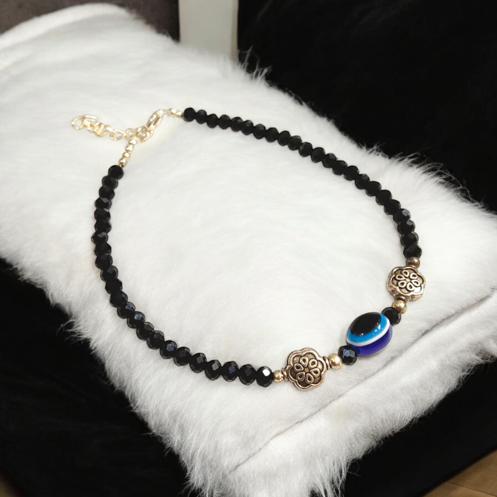 Black Crystal Beads Anklet with Evil Eye Symbol | Unisex Wear