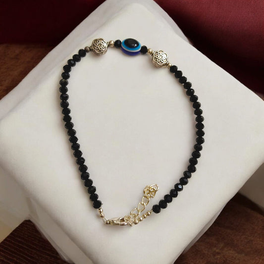 Black Crystal Beads Anklet with Evil Eye Symbol | Unisex Wear