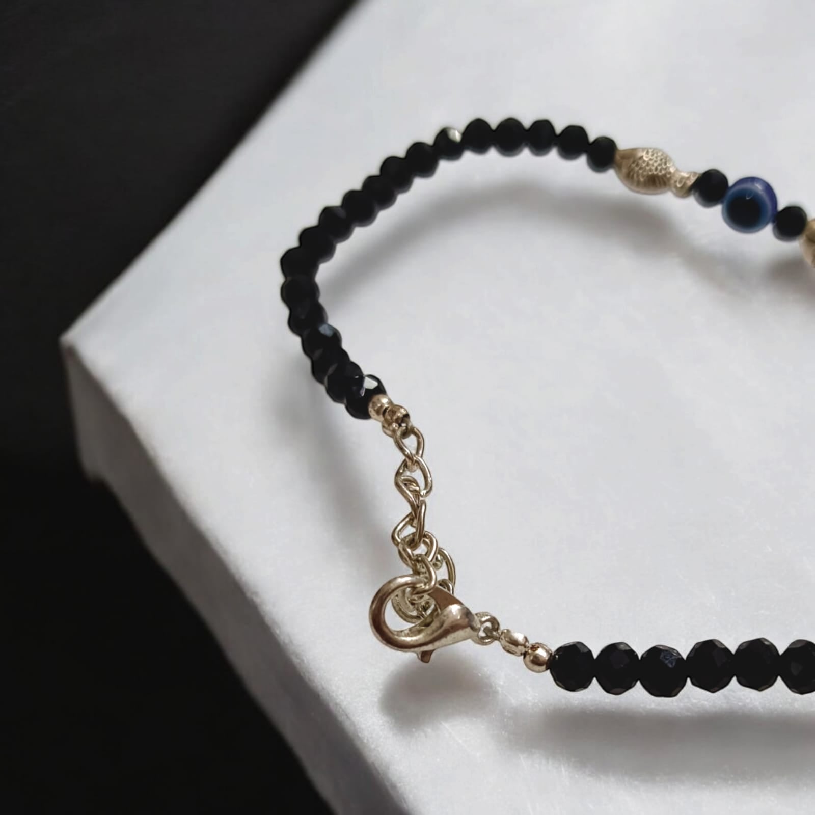 Black Crystal Beads Anklet with Evil Eye and Fish Symbol for Unisex