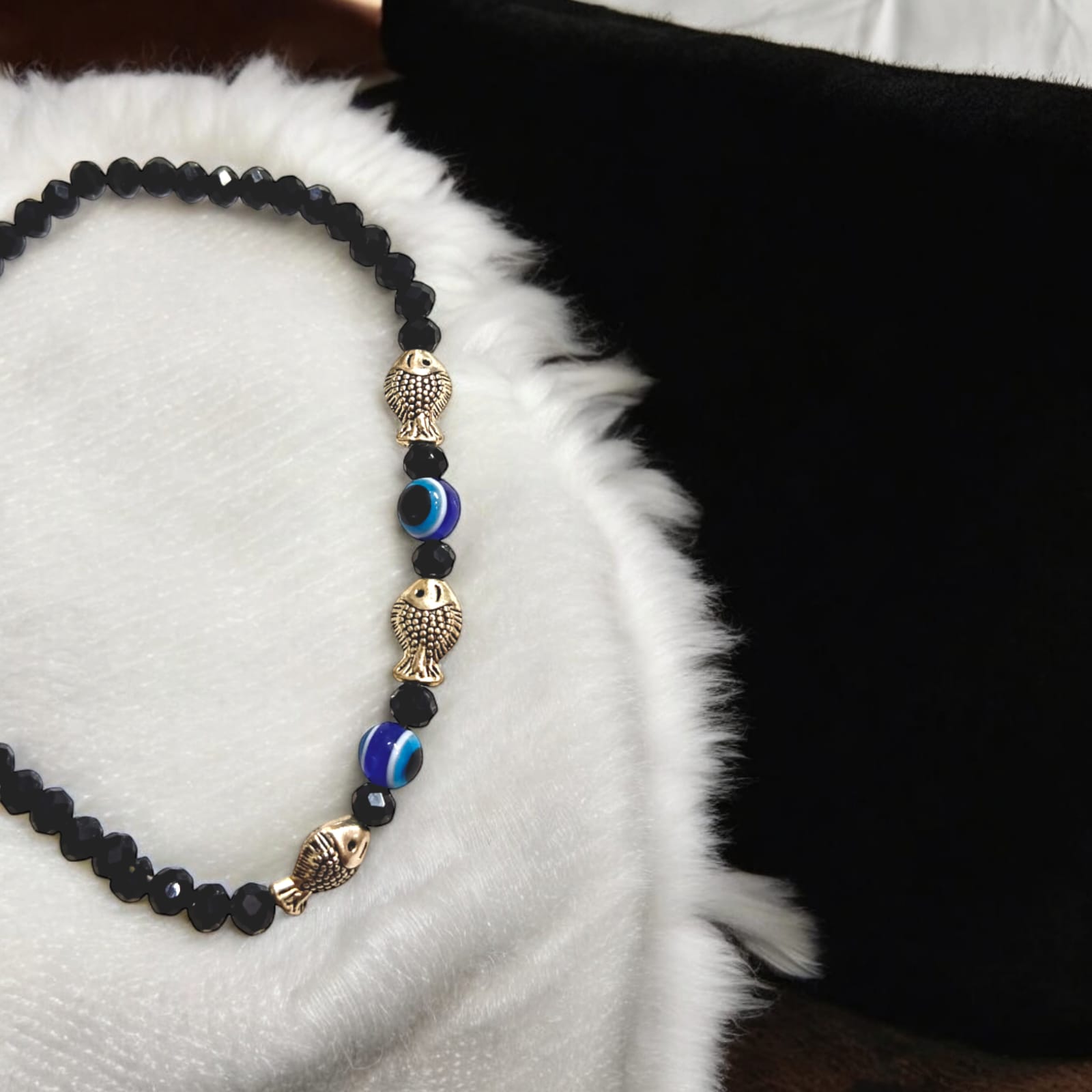Black Crystal Beads Anklet with Evil Eye and Fish Symbol for Unisex