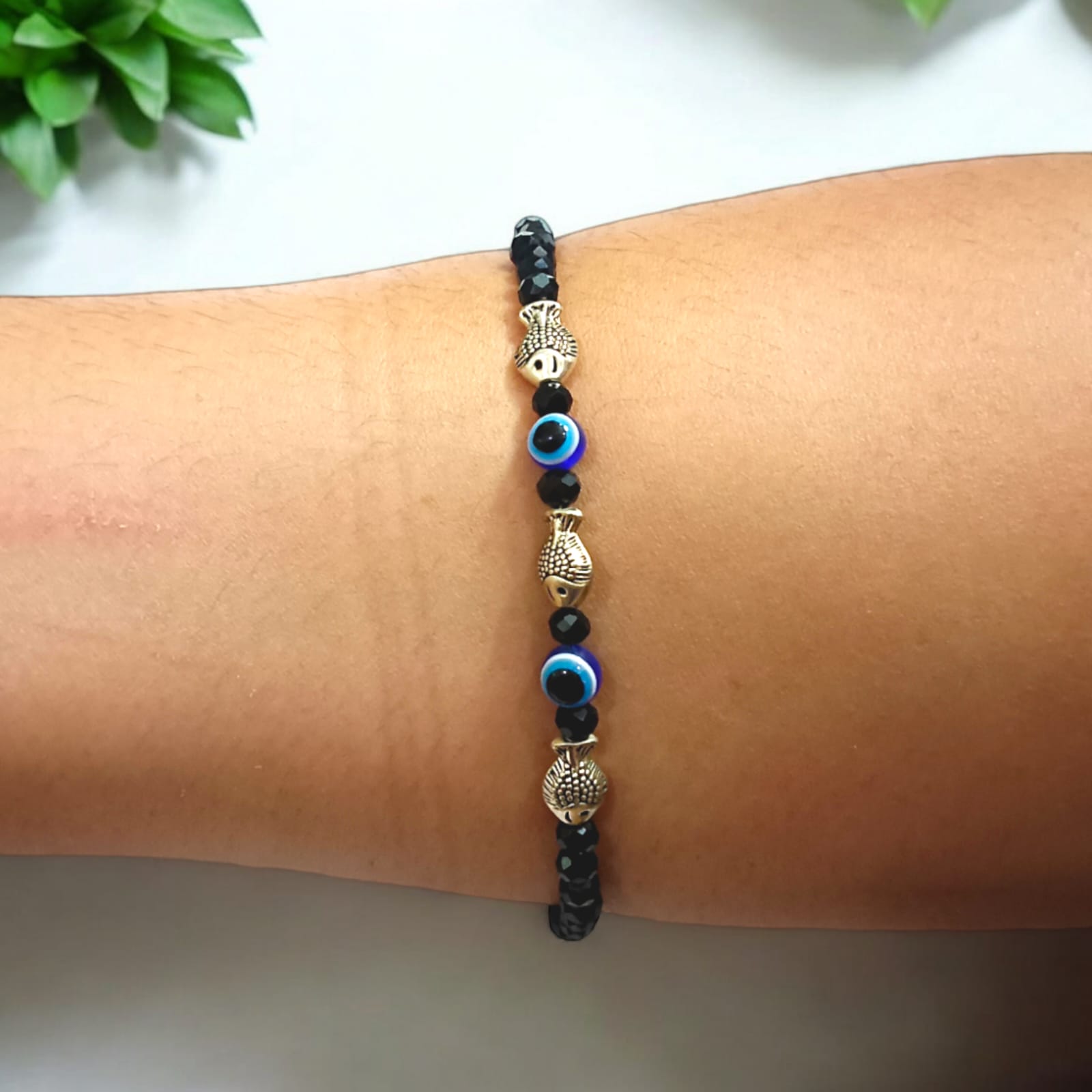 Black Crystal Beads Anklet with Evil Eye and Fish Symbol for Unisex