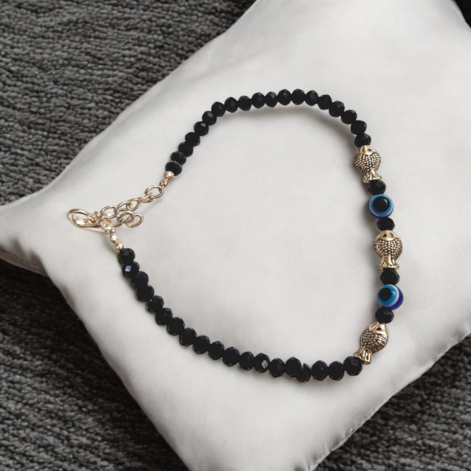 Black Crystal Beads Anklet with Evil Eye and Fish Symbol for Unisex