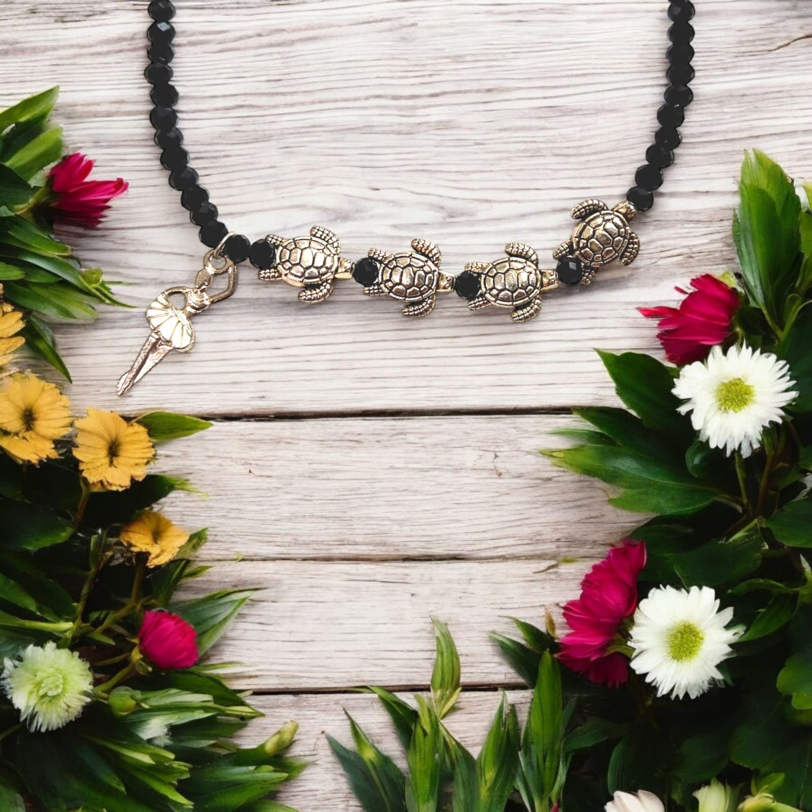 Black Crystal Beads Anklet with Evil Eye and Tortoise Symbol for Unisex