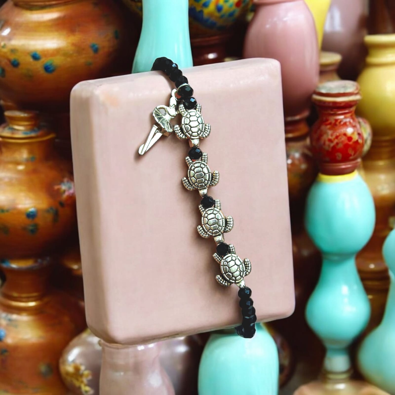 Black Crystal Beads Anklet with Evil Eye and Tortoise Symbol for Unisex