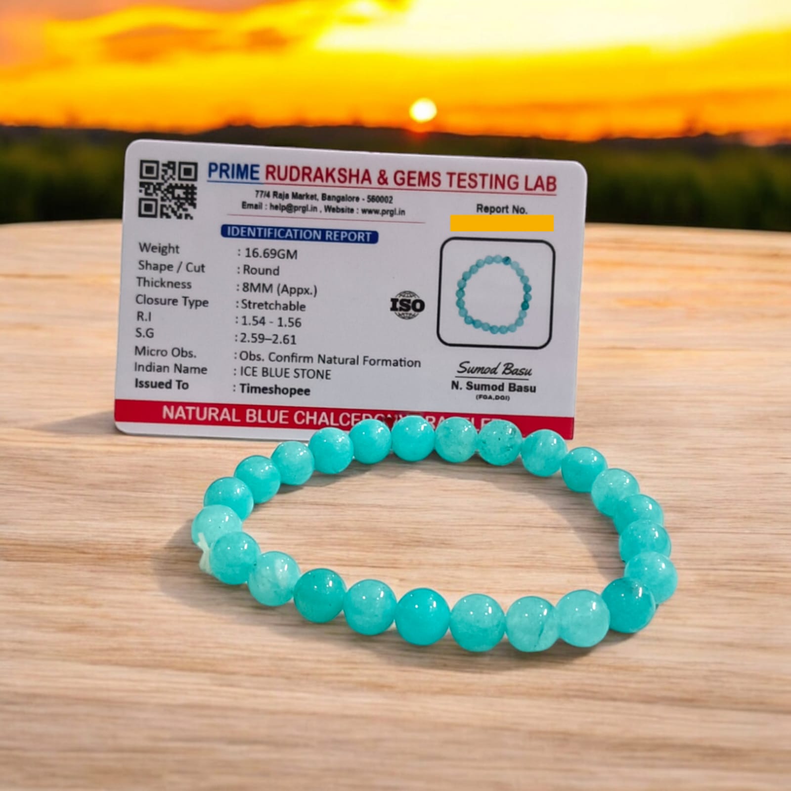 Blue Chalcedony Bracelet with lab certification, showcasing the stretchable design and soothing blue crystal.