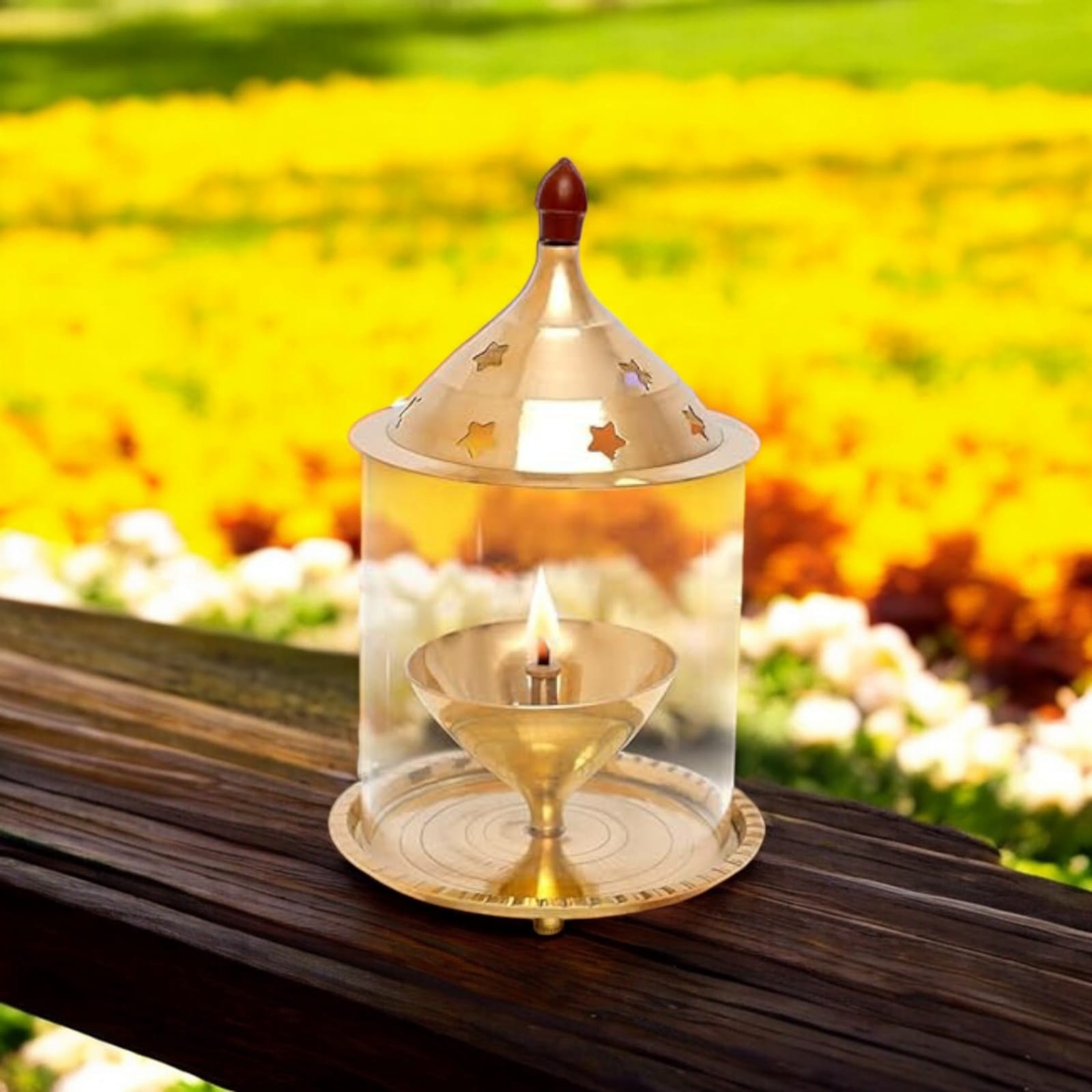 Brass Akhand Jyot with borosilicate glass, available in two sizes, designed for burning desi ghee, with a protective glass cover for steady flame.