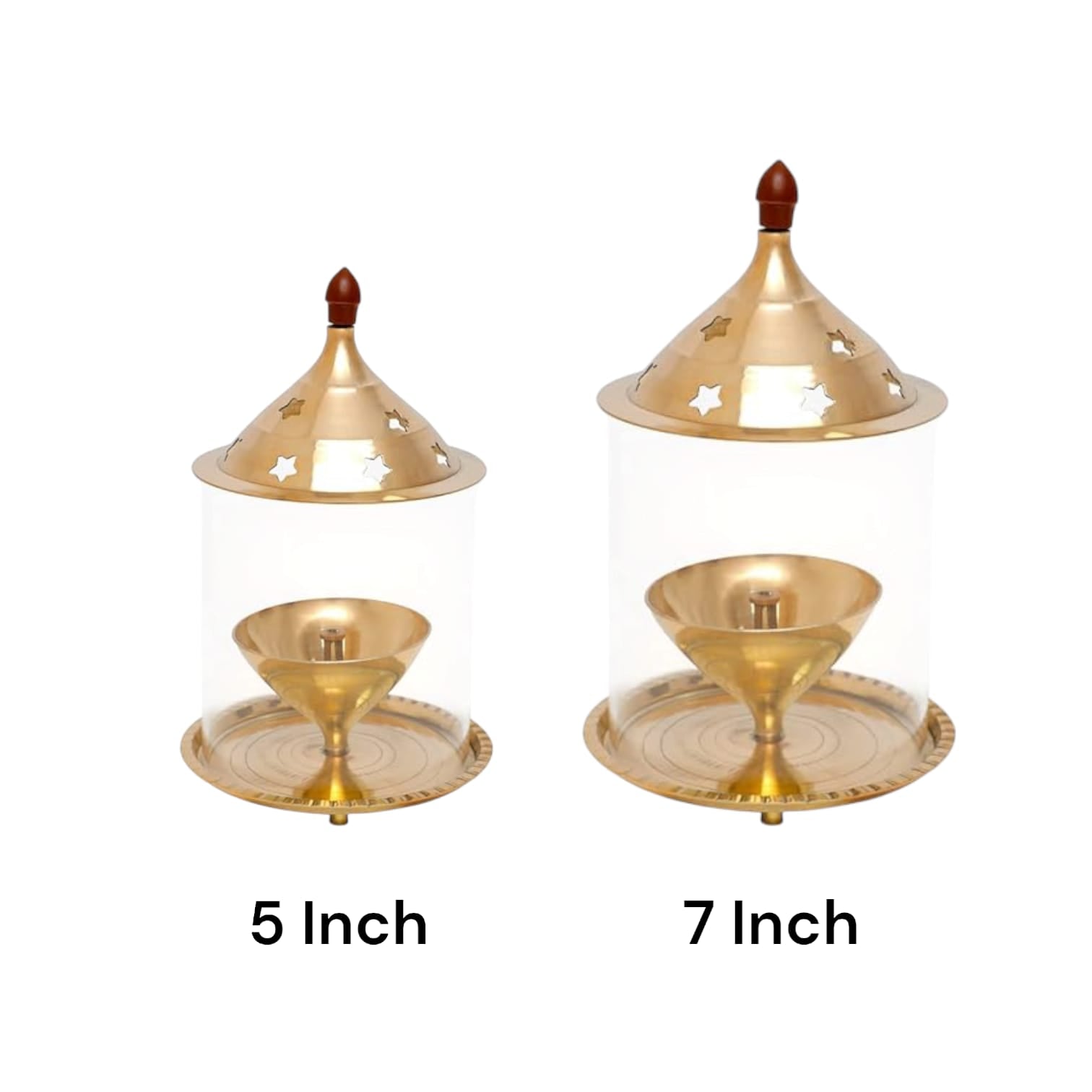 Brass Akhand Jyot with borosilicate glass, available in two sizes, designed for burning desi ghee, with a protective glass cover for steady flame.