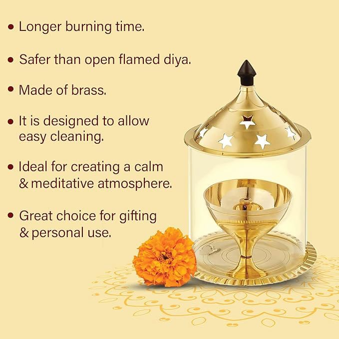 Brass Akhand Jyot with borosilicate glass, available in two sizes, designed for burning desi ghee, with a protective glass cover for steady flame.