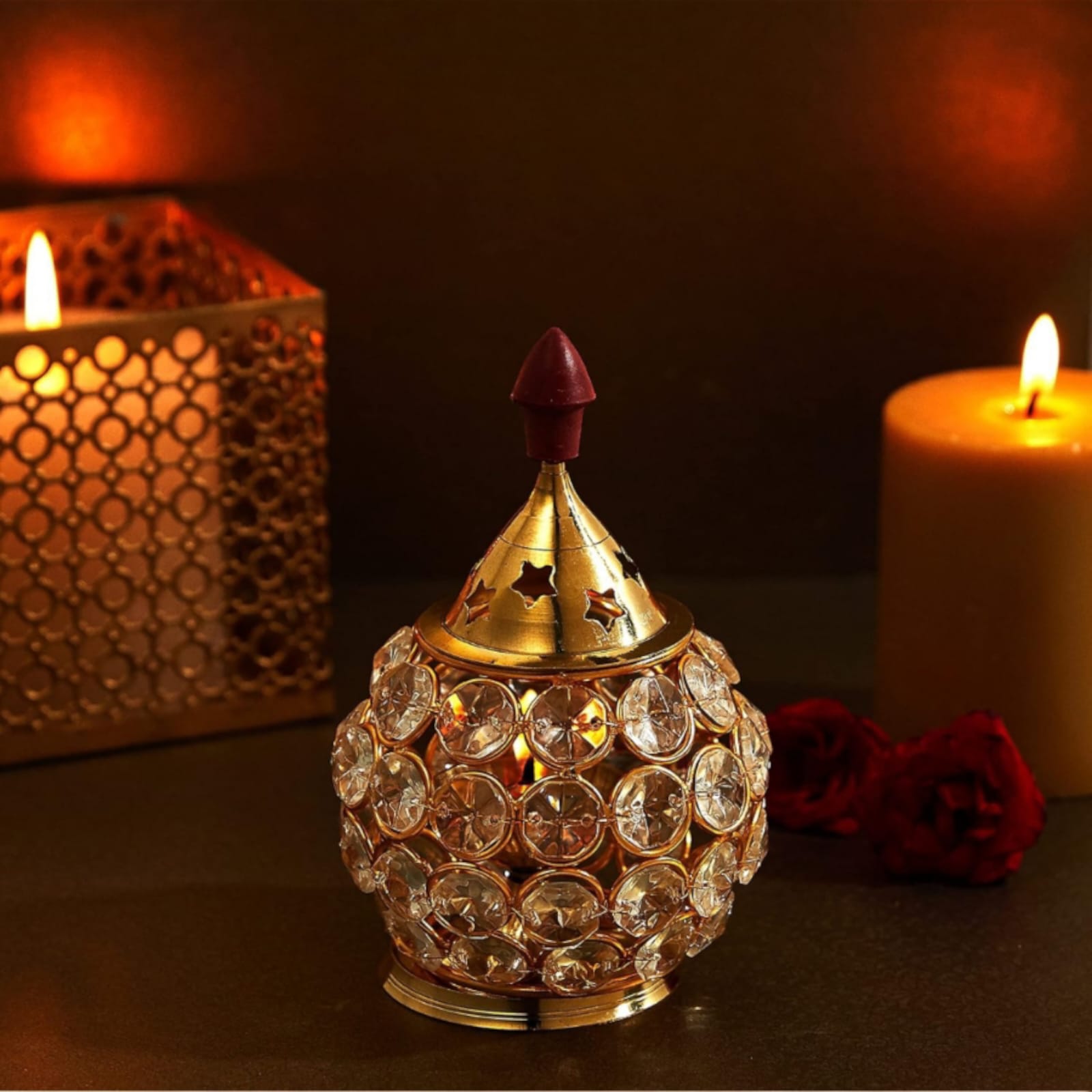 Brass Crystal Akhand Jyot Matki Diya from Timeshopee, available in various sizes, ideal for puja and home decoration.