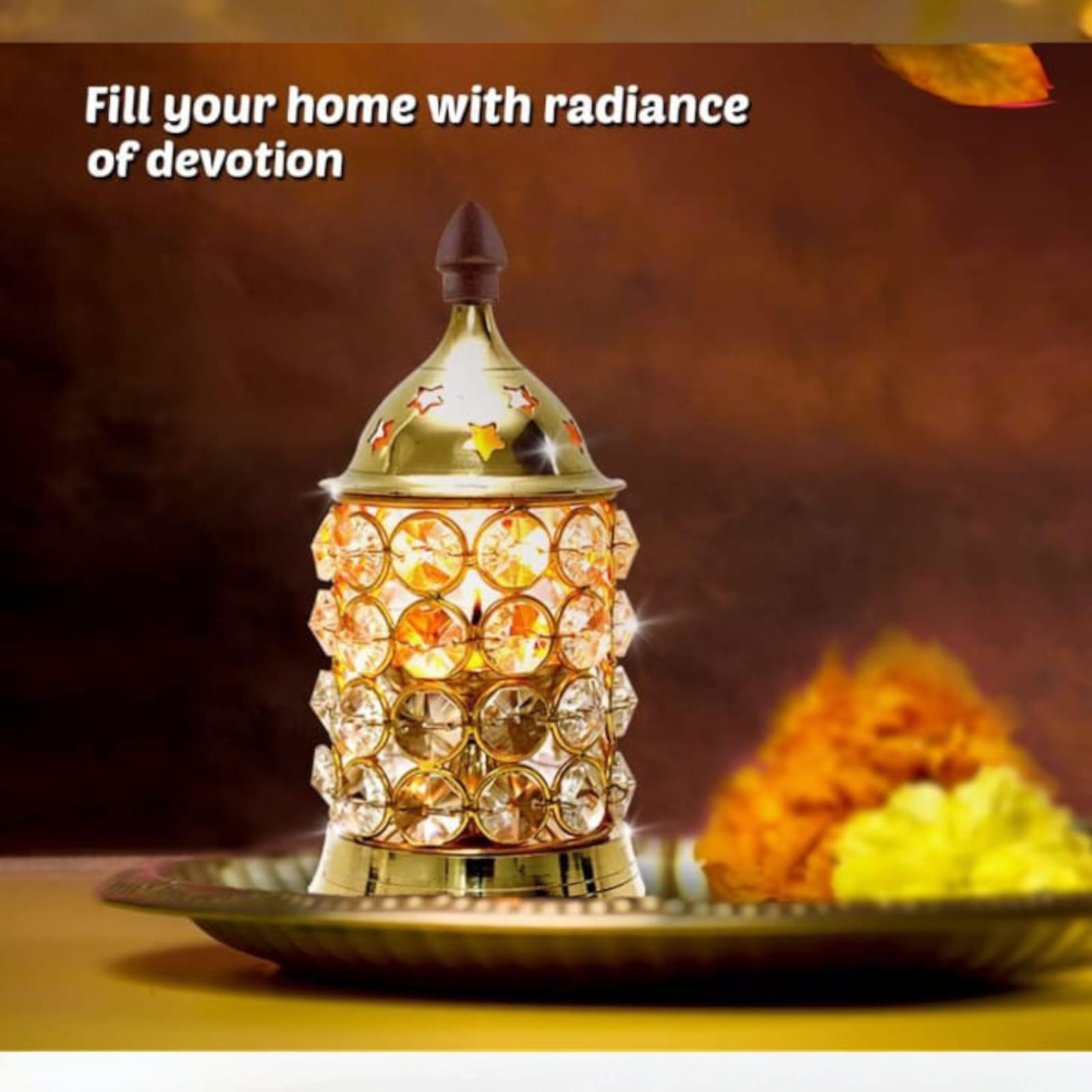 Brass Crystal Akhand Jyot from Timeshopee, available in multiple sizes, perfect for puja and home decoration.