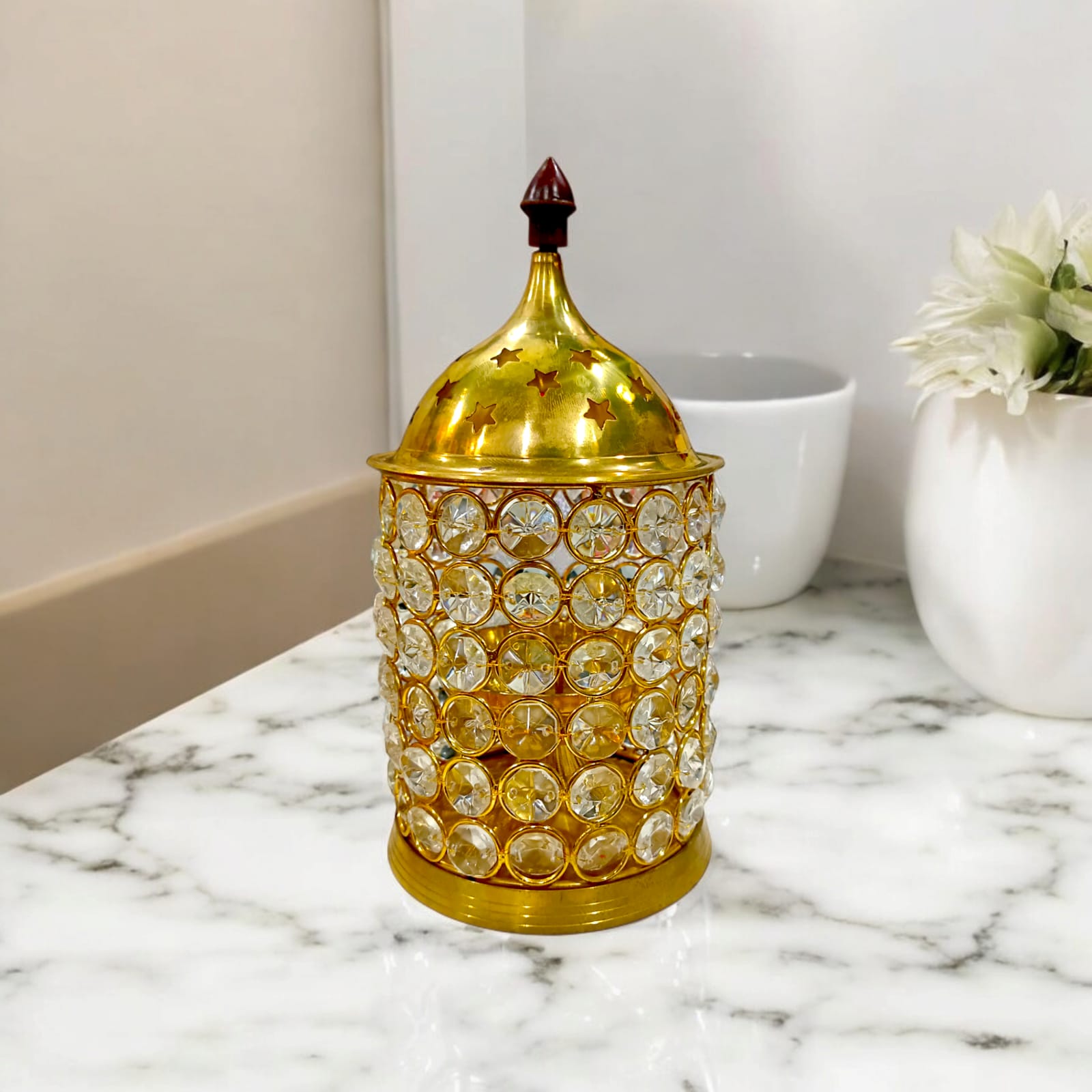 Brass Crystal Akhand Jyot from Timeshopee, available in multiple sizes, perfect for puja and home decoration.