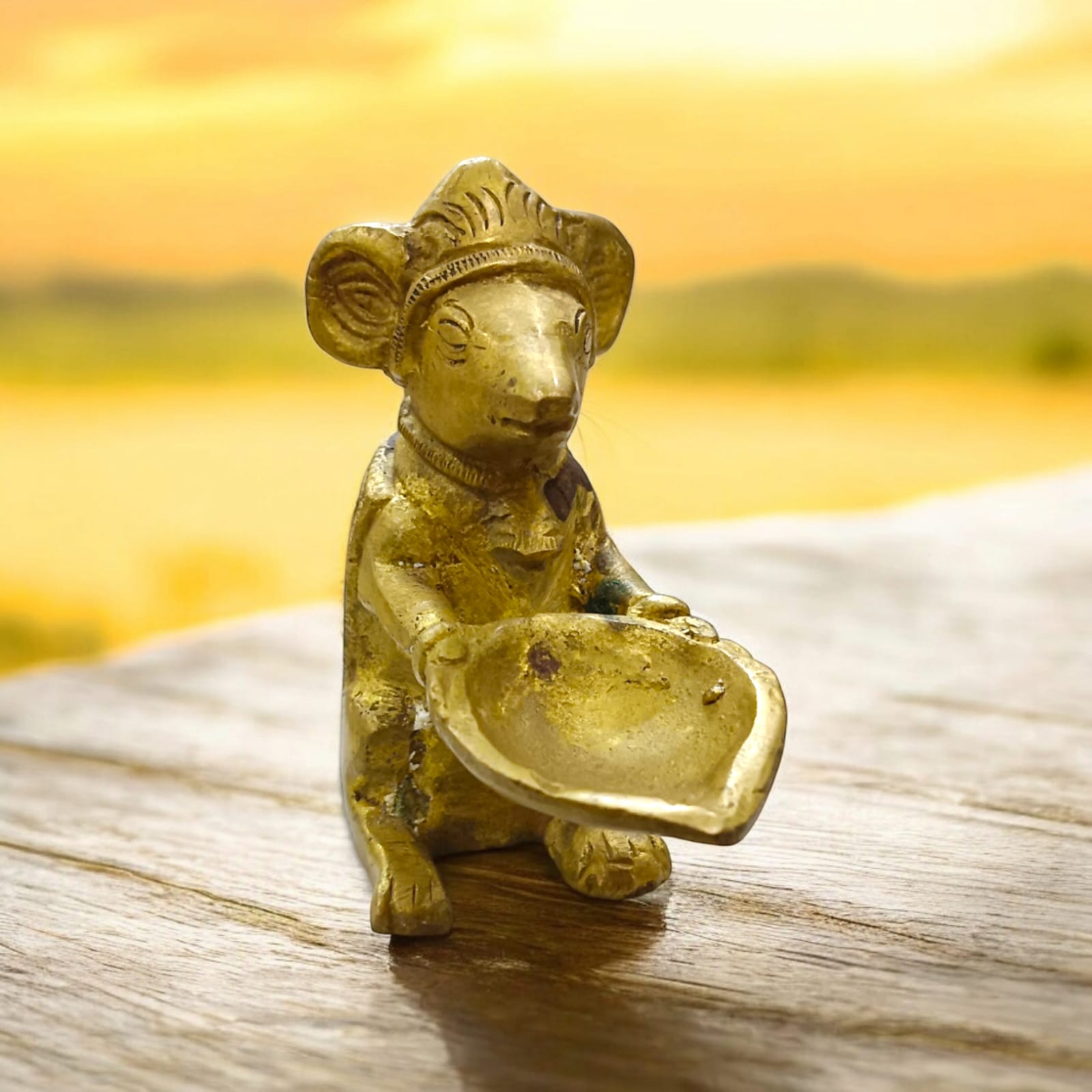 Brass Ganesha Mooshak Diya Idol - 3 Inches Tall, Decorative Oil Lamp Murti for Home and Temple | Timeshopee