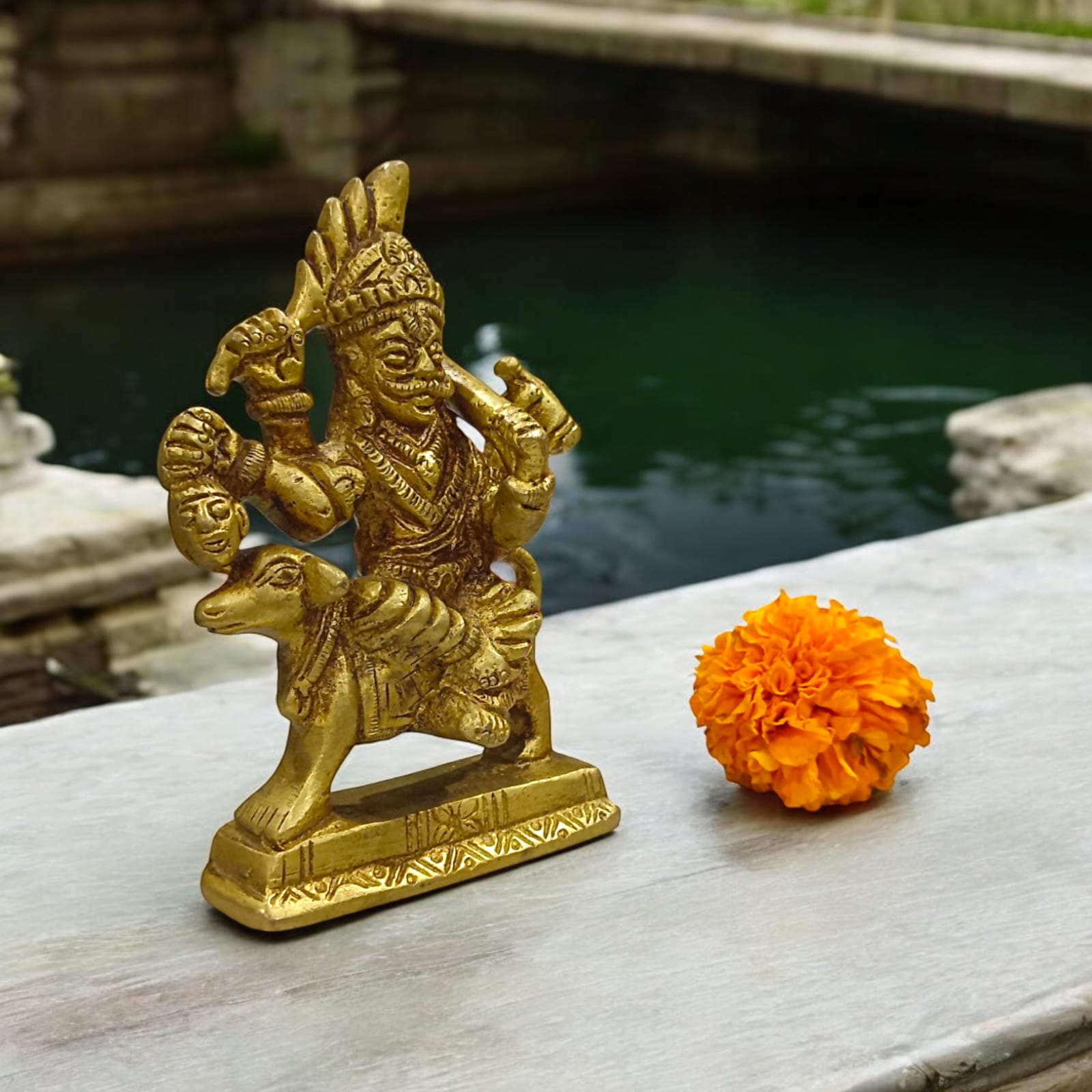 Brass Kal Bhairav Idol - 4-Inch Bhairav Baba Murti with Gold Finish by Timeshopee-Online Religious Store
