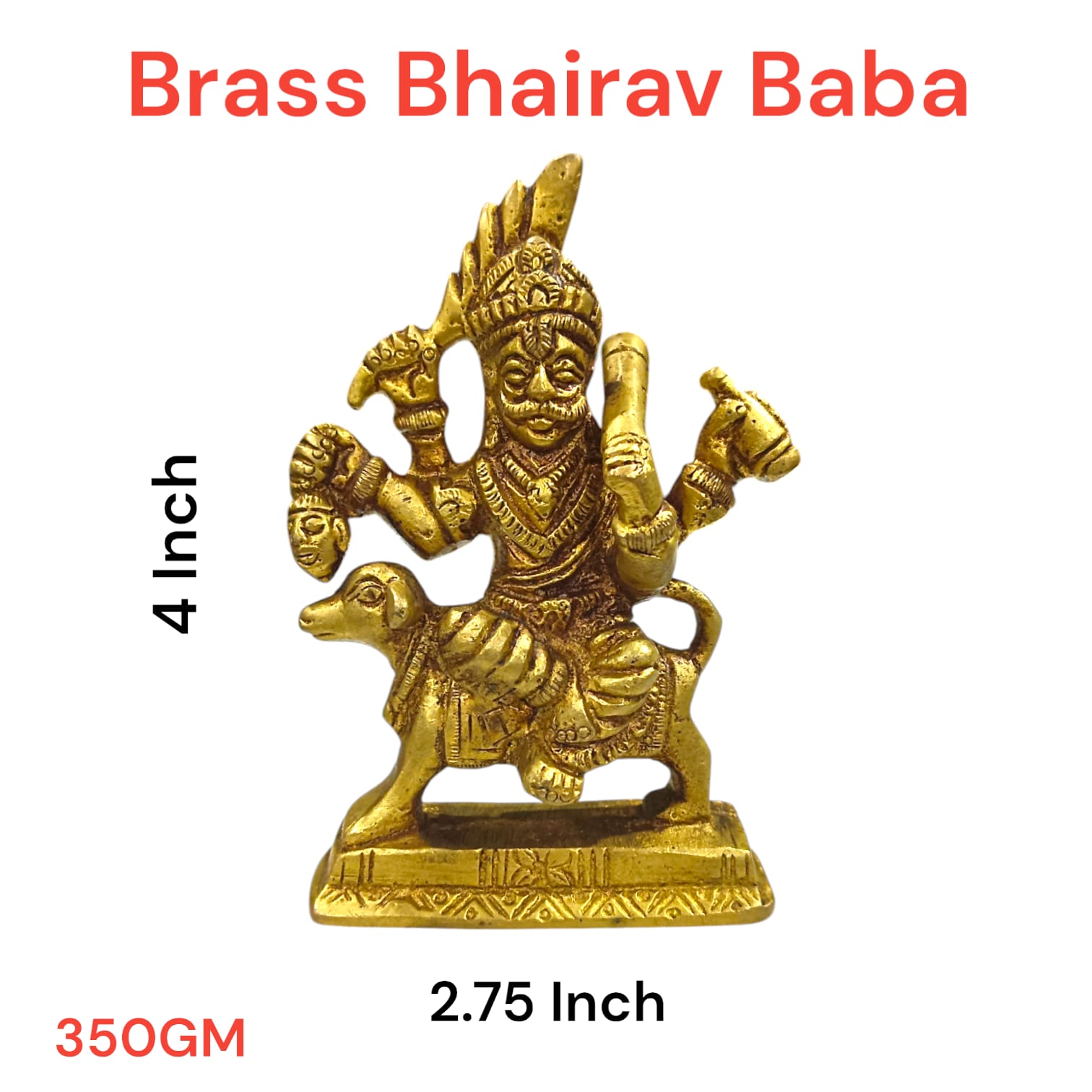 Brass Kal Bhairav Idol - 4-Inch Bhairav Baba Murti with Gold Finish by Timeshopee-Online Religious Store
