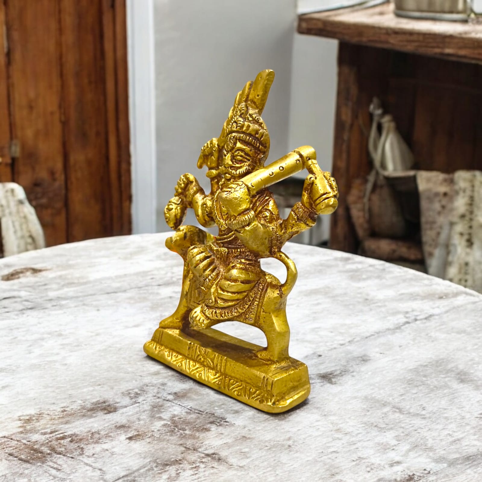Brass Kal Bhairav Idol - 4-Inch Bhairav Baba Murti with Gold Finish by Timeshopee-Online Religious Store