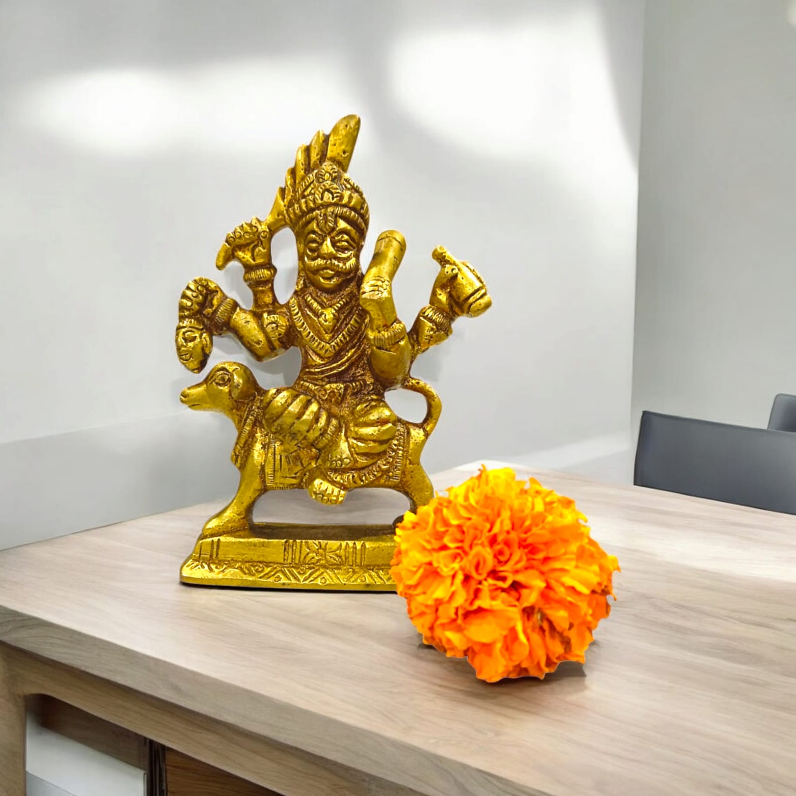 Brass Kal Bhairav Idol - 4-Inch Bhairav Baba Murti with Gold Finish by Timeshopee-Online Religious Store