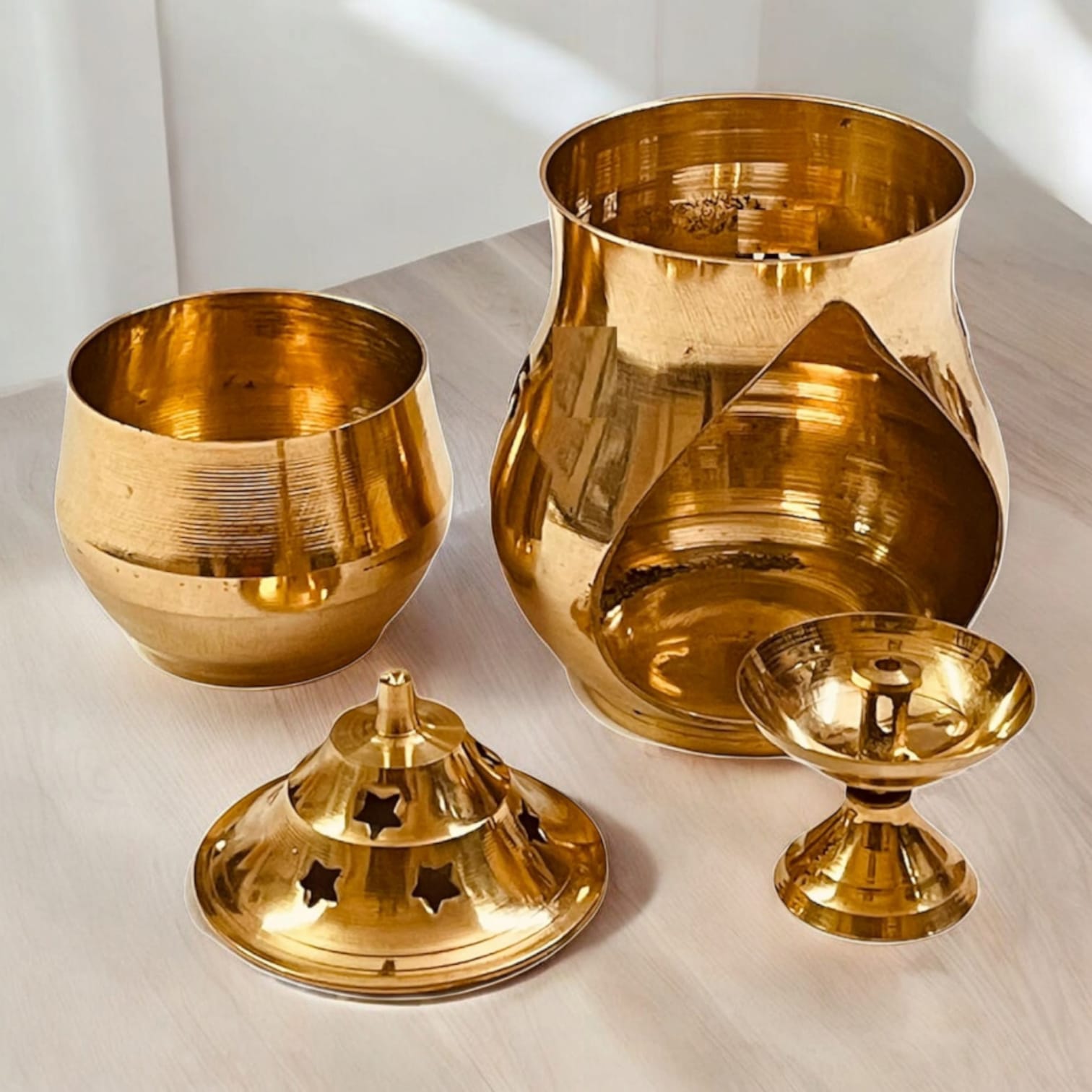 Brass Kapur Lamp for burning camphor, 6L x 6W x 17H cm, ideal for spiritual rituals, available from Timeshopee.