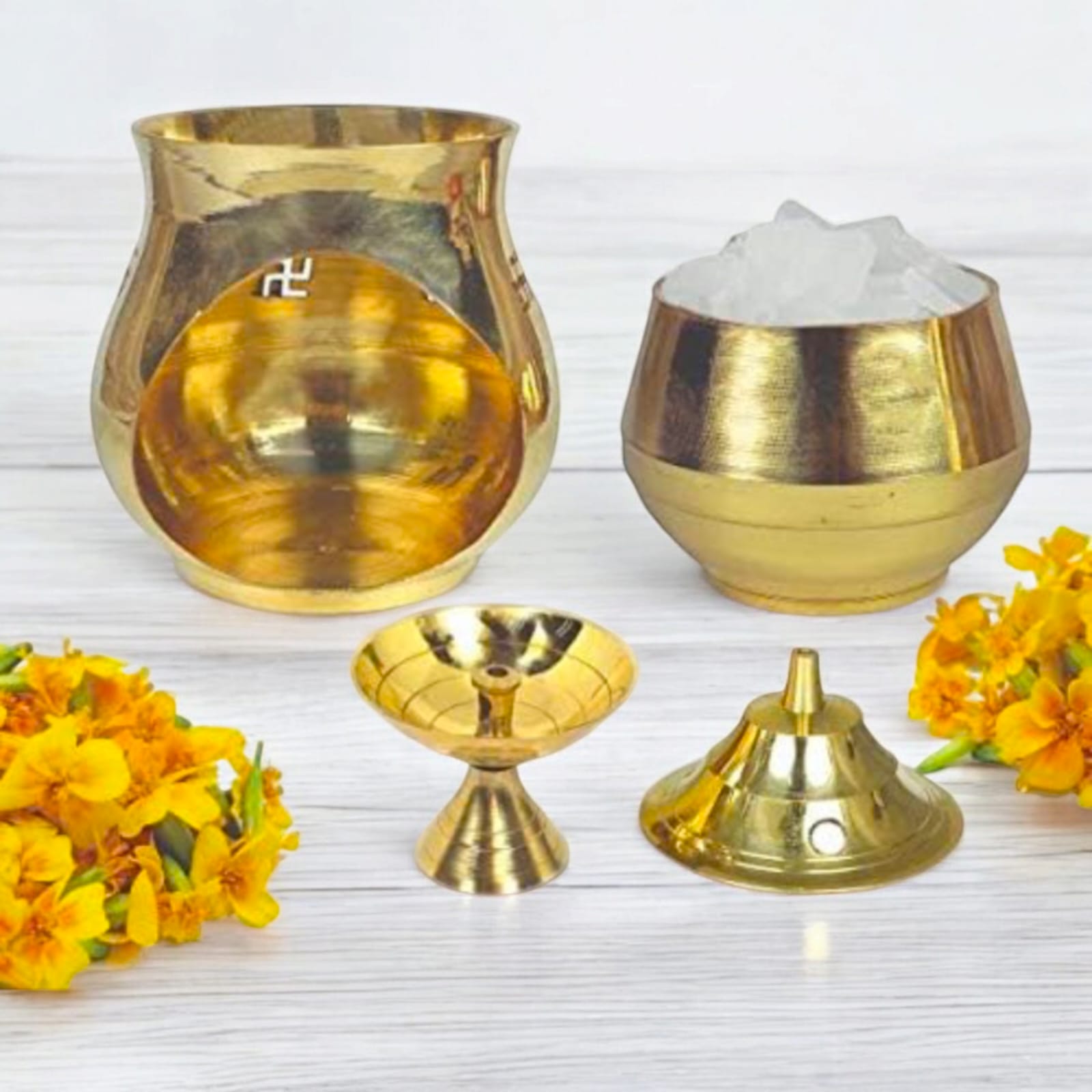 Brass Kapur Lamp for burning camphor, 6L x 6W x 17H cm, ideal for spiritual rituals, available from Timeshopee.