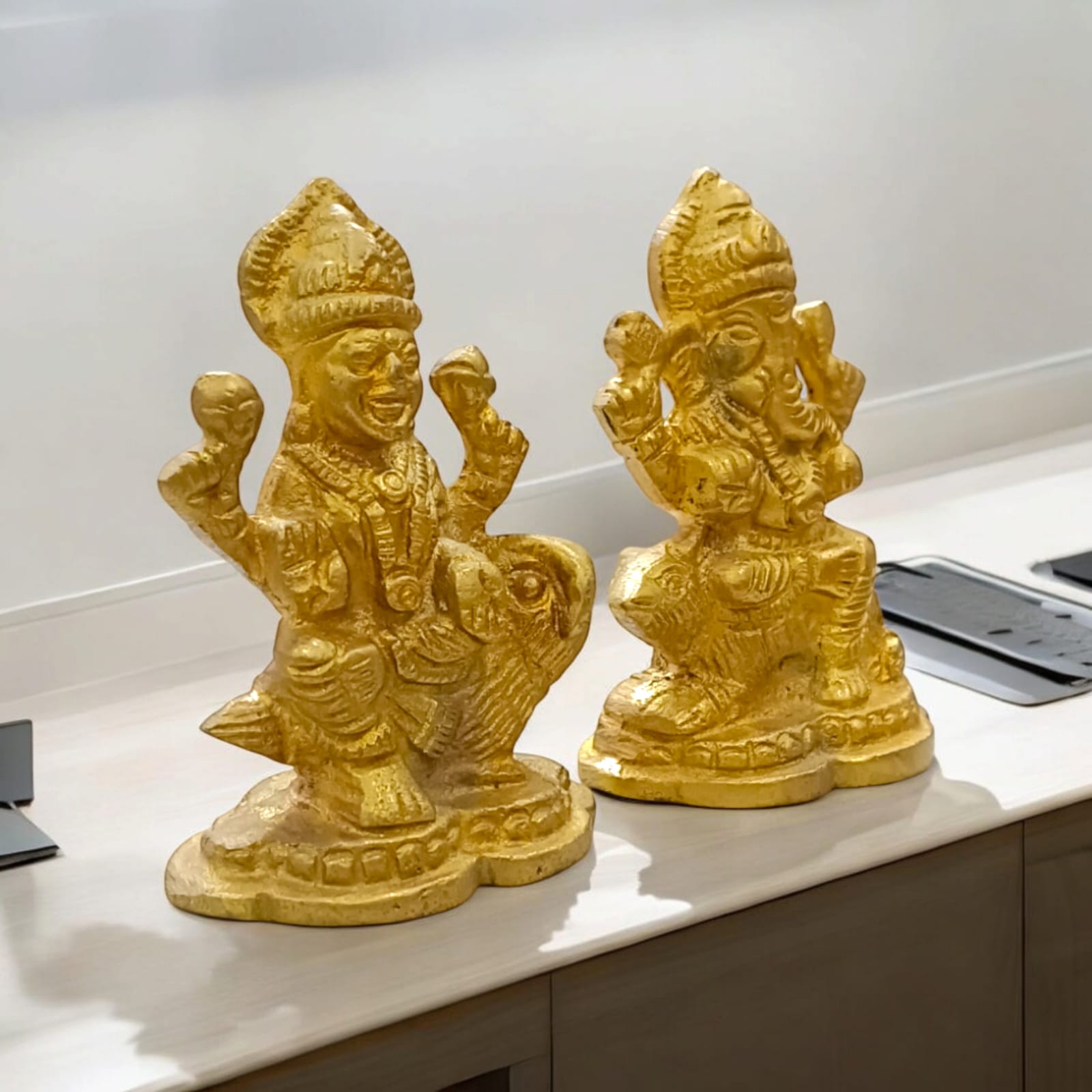 Brass Lakshmi Ganesh Idol Set - Separate Murtis of Maa Lakshmi on Owl & Ganesh Ji on Mouse by Timeshopee-Online Religious Store