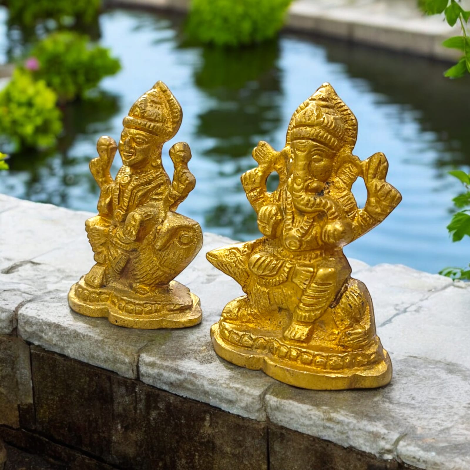 Brass Lakshmi Ganesh Idol Set - Separate Murtis of Maa Lakshmi on Owl & Ganesh Ji on Mouse by Timeshopee-Online Religious Store