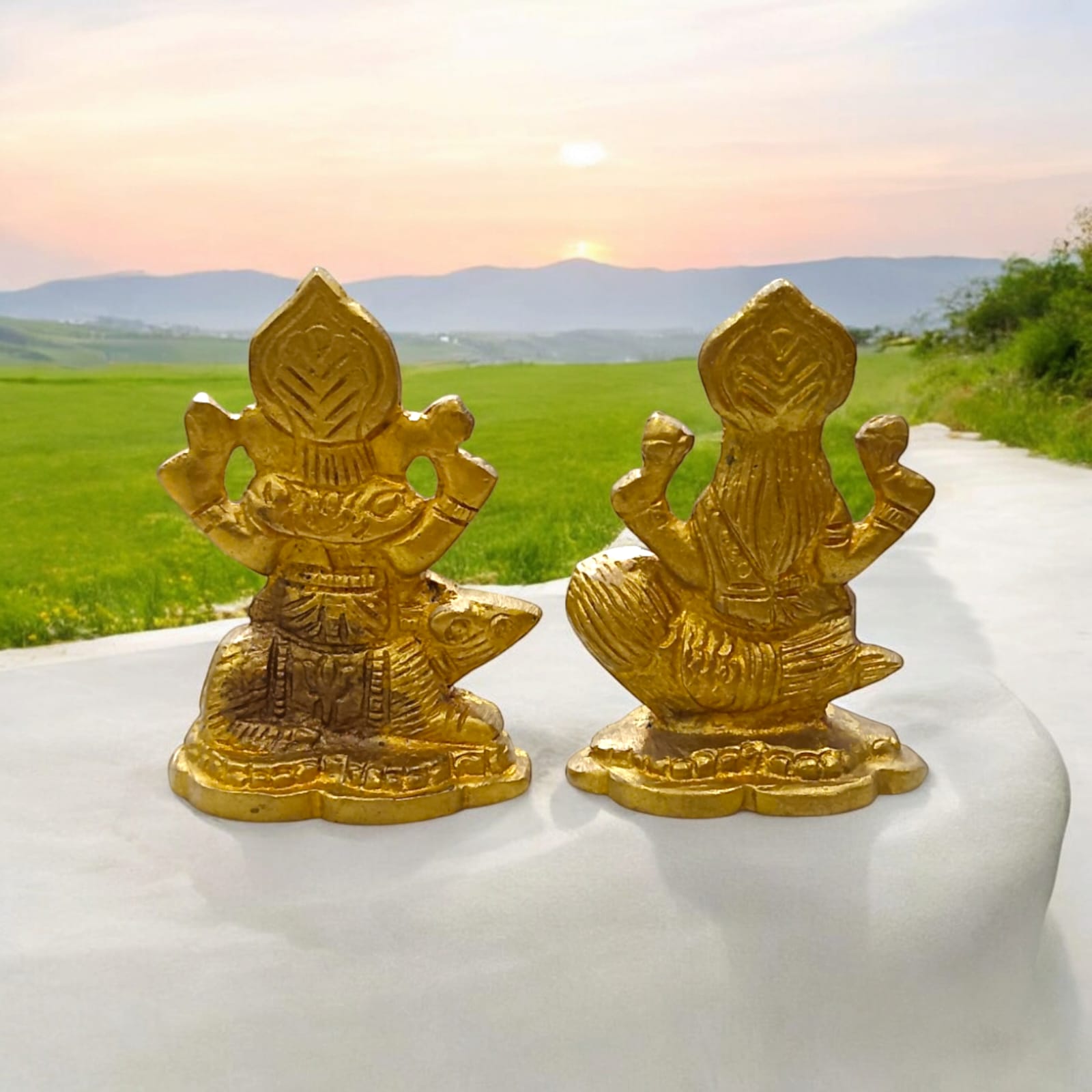 Brass Lakshmi Ganesh Idol Set - Separate Murtis of Maa Lakshmi on Owl & Ganesh Ji on Mouse by Timeshopee-Online Religious Store