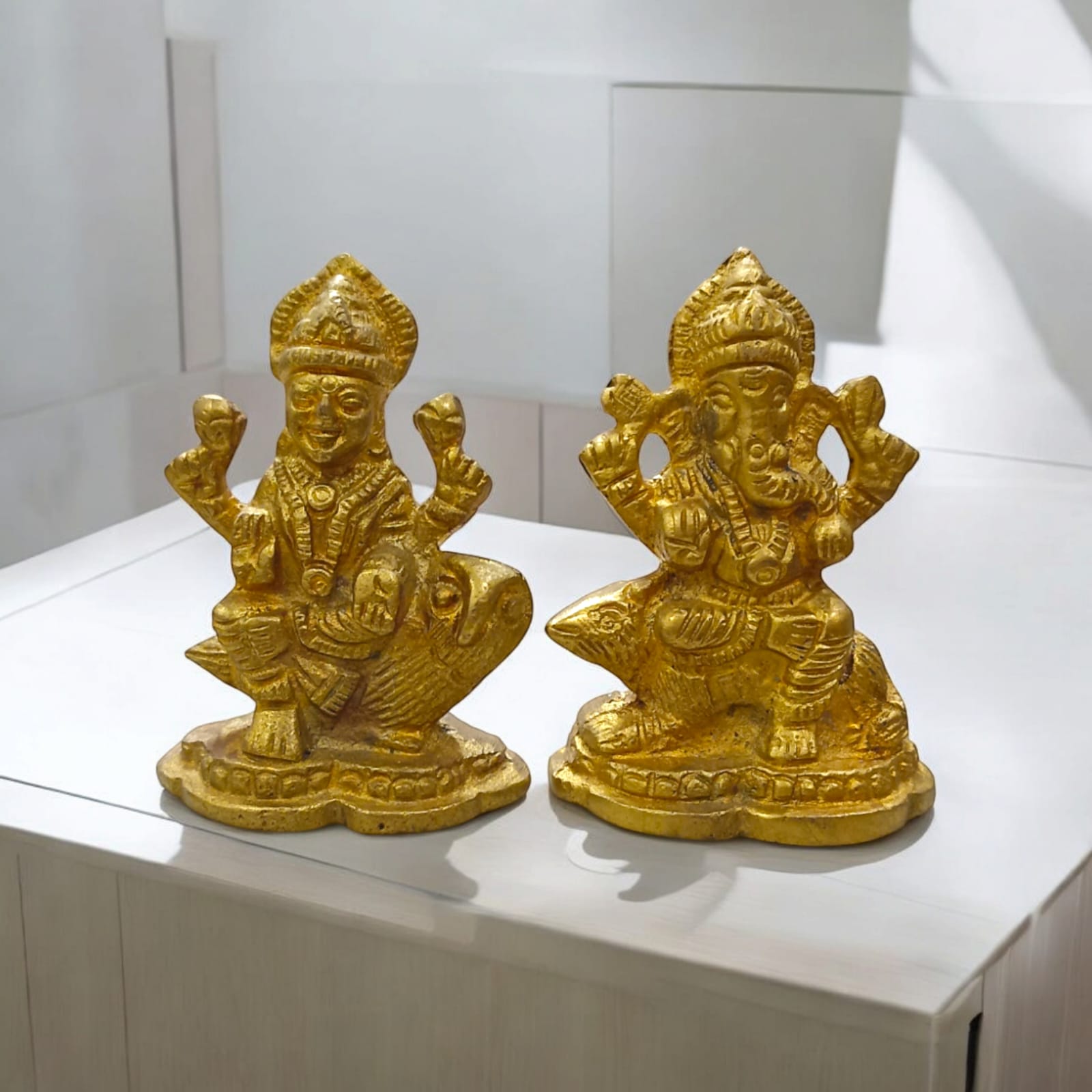 Brass Lakshmi Ganesh Idol Set - Separate Murtis of Maa Lakshmi on Owl & Ganesh Ji on Mouse by Timeshopee-Online Religious Store