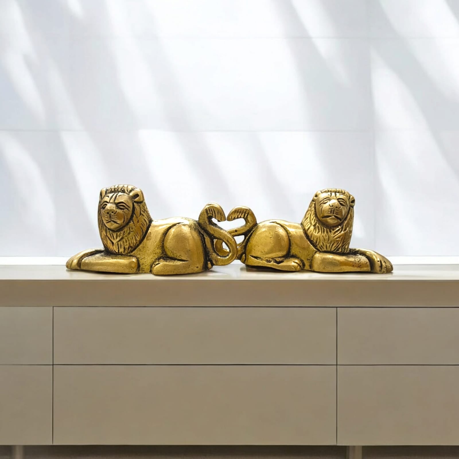 Brass Lion Idol Combo Set - Mirror-Positioned Lions for Office or Temple by Timeshopee-Online Religious Store