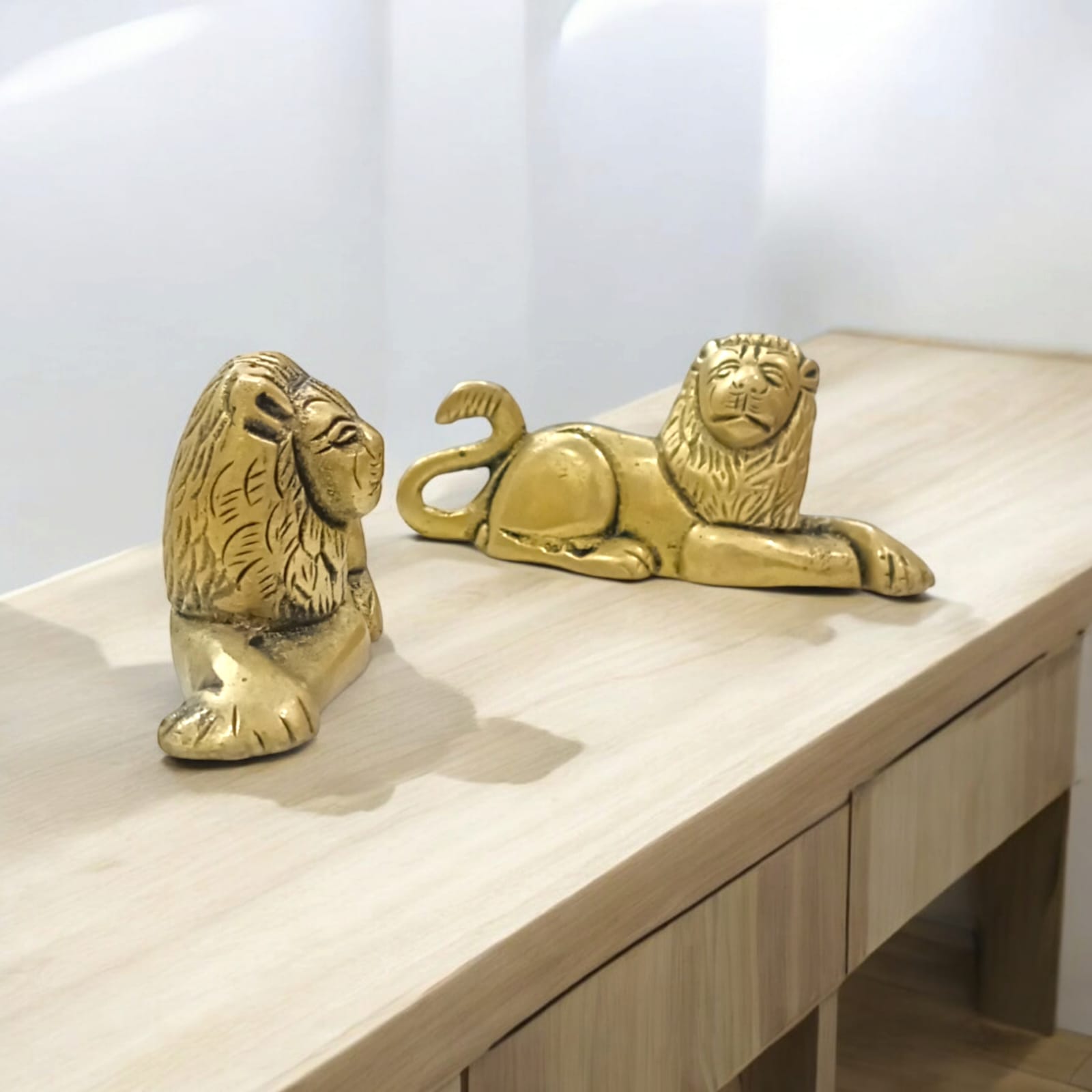 Brass Lion Idol Combo Set - Mirror-Positioned Lions for Office or Temple by Timeshopee-Online Religious Store