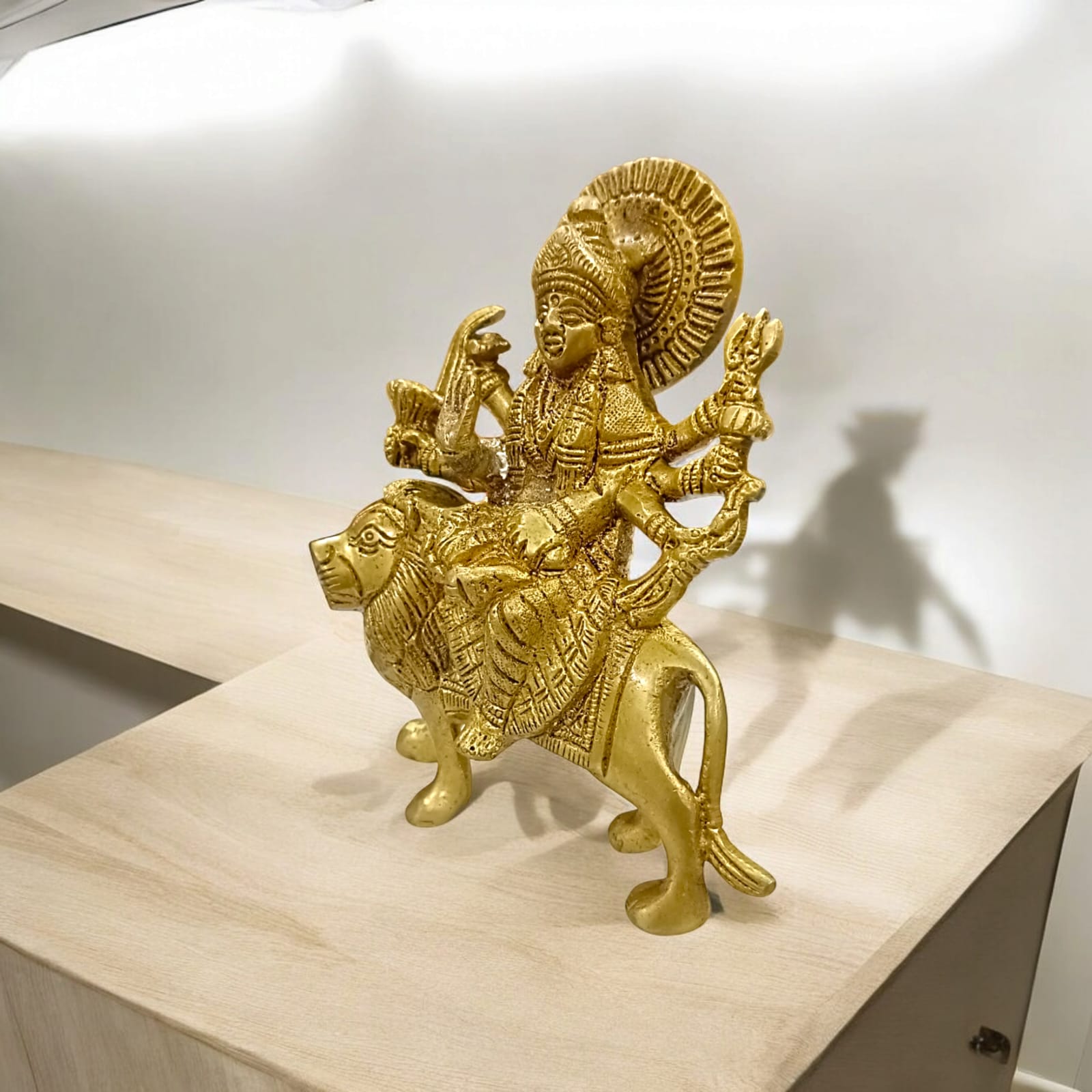 Brass Maa Durga Idol - Sherawali Mata Brass Statue with 14 cm Height by Timeshopee-Online Religious Store