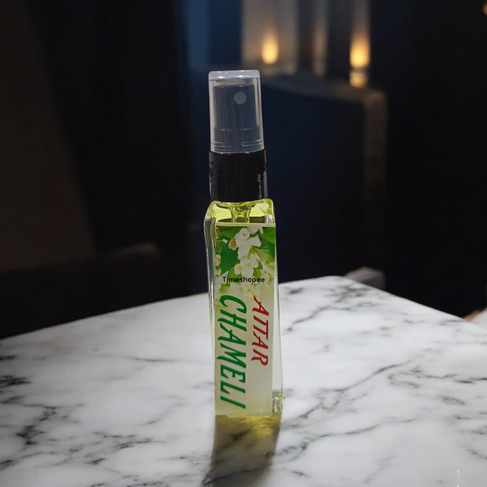 Chameli Spray Attar bottle with 25ML capacity, featuring a floral jasmine scent, 0% alcohol for Hanuman Ji worship.