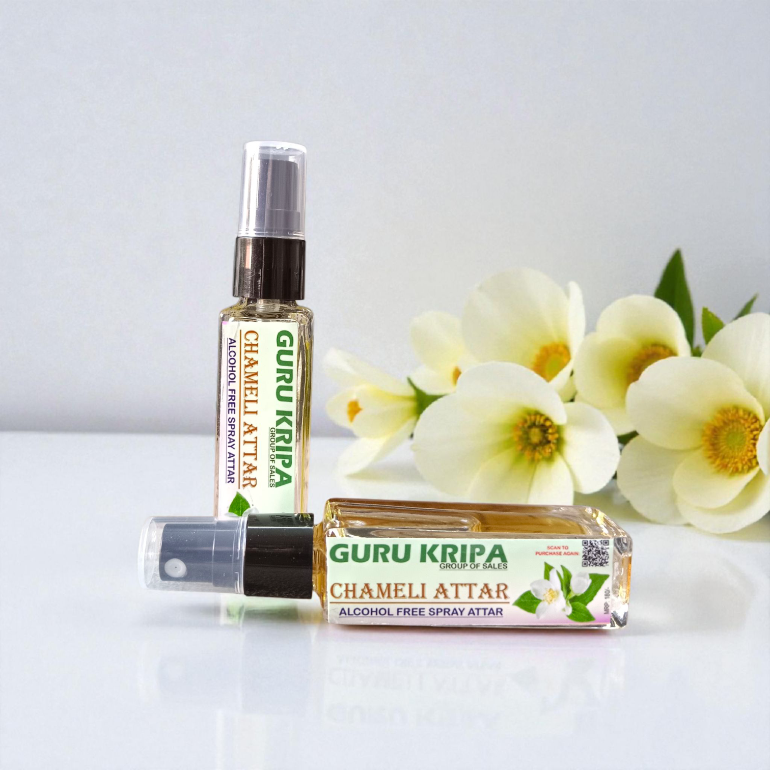 Chameli Spray Attar bottle with 25ML capacity, featuring a floral jasmine scent, 0% alcohol for Hanuman Ji worship