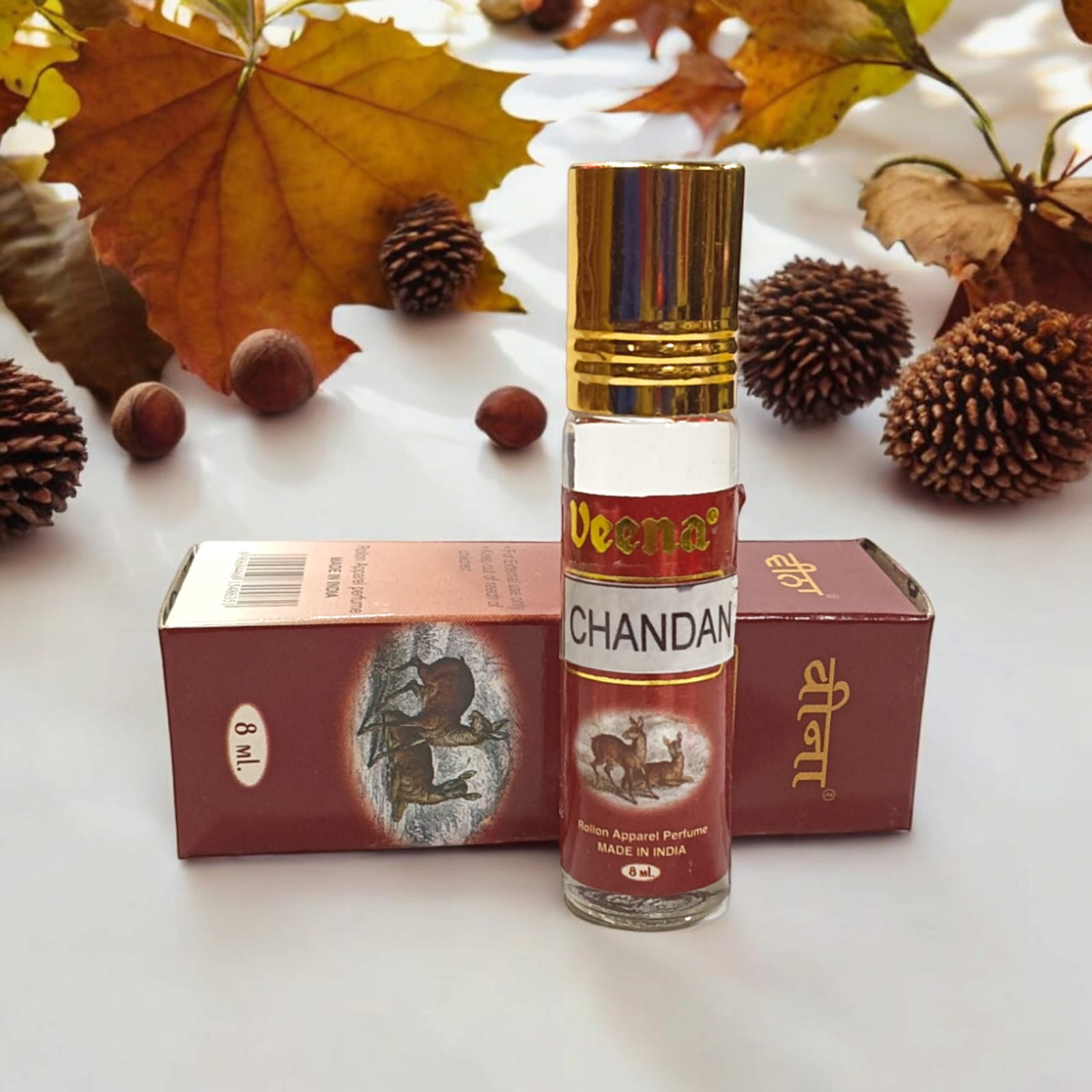 Chandan Attar 8ml roll-on bottle by Veena - Alcohol-free premium perfume for daily use and worship by Timeshopee
