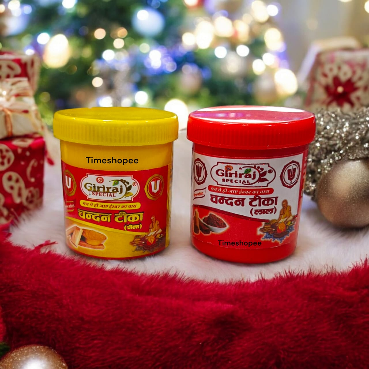 Chandan Tilak Paste in 40ML container, available in Yellow and Red variants, ideal for worship and rituals by Timeshopee