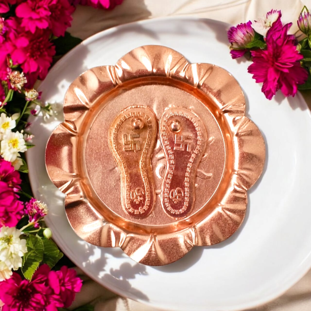 Charan Paduka in Pure Copper with Decorative Plate - Bhagwan Ji Ke Charan by Timeshopee-Online Religious Store