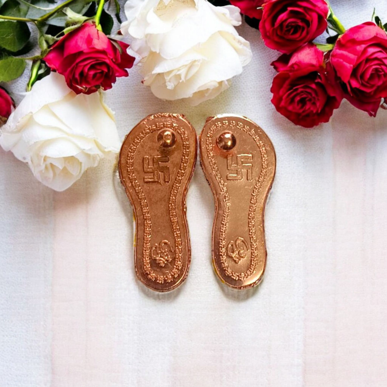 Charan Paduka in Pure Copper with Decorative Plate - Bhagwan Ji Ke Charan by Timeshopee-Online Religious Store