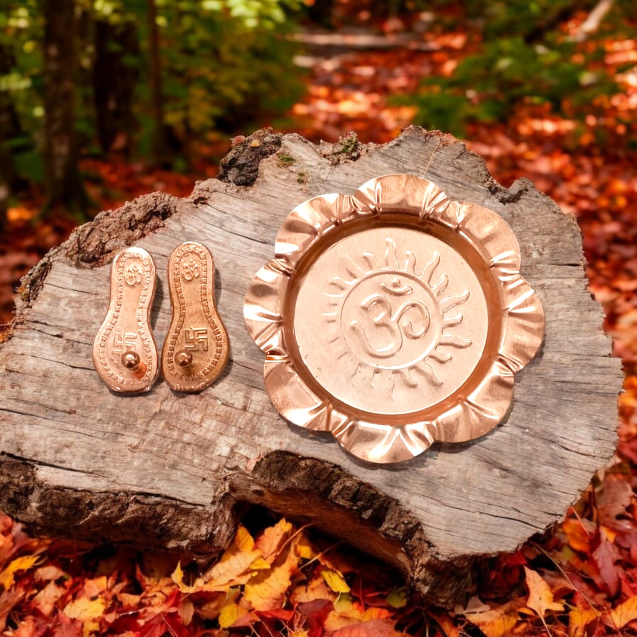 Charan Paduka in Pure Copper with Decorative Plate - Bhagwan Ji Ke Charan by Timeshopee-Online Religious Store