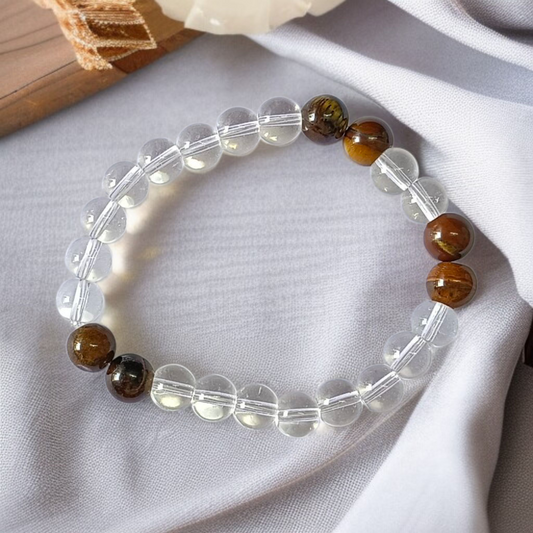 Clear Quartz Tiger Eye Bracelet 8MM Stretchable Lab Certified Crystal Healing Bracelet for Protection Confidence and Energy Balance