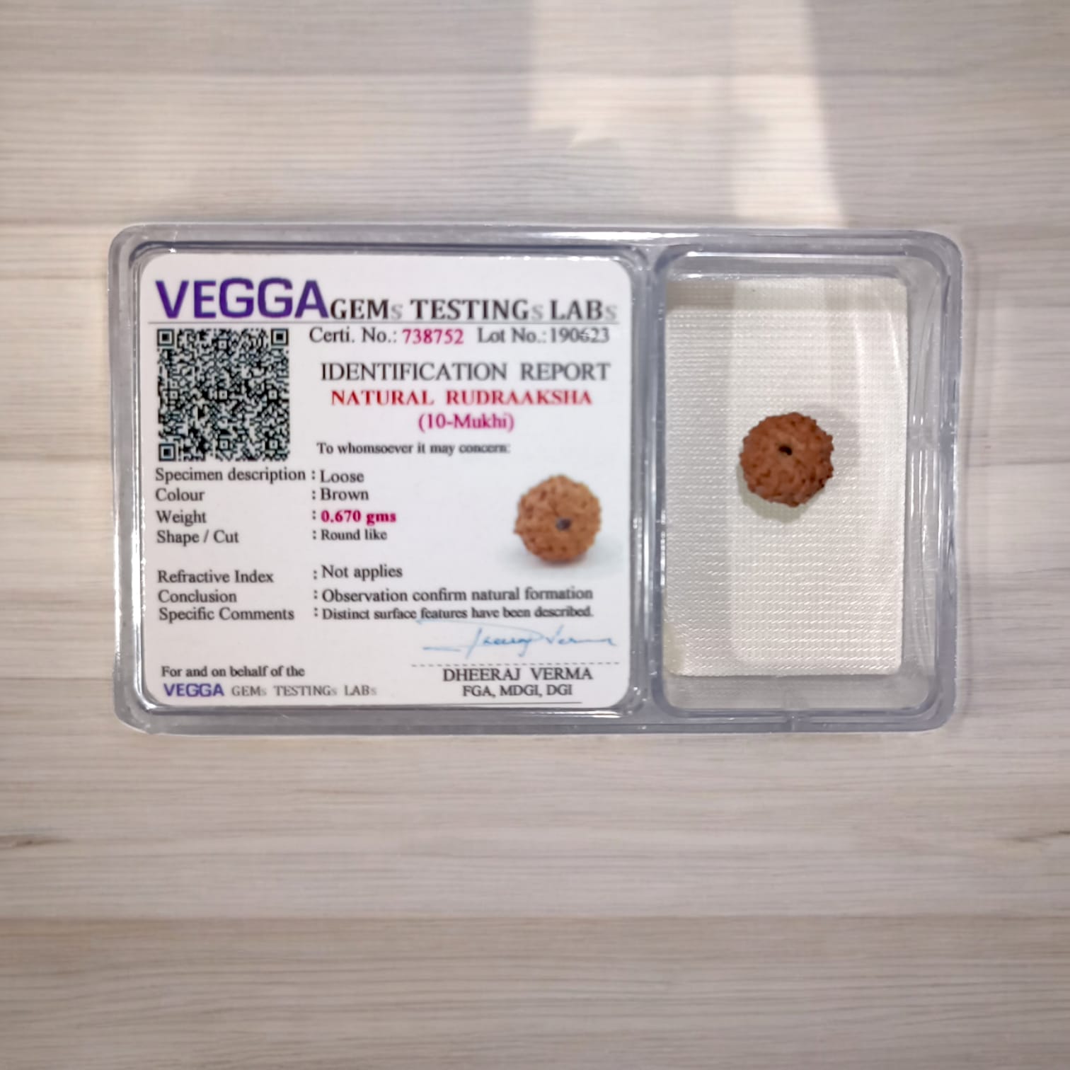 Close-up image of a lab-certified, original 10 Mukhi Rudraksha bead with clear natural grooves, placed on a wooden surface