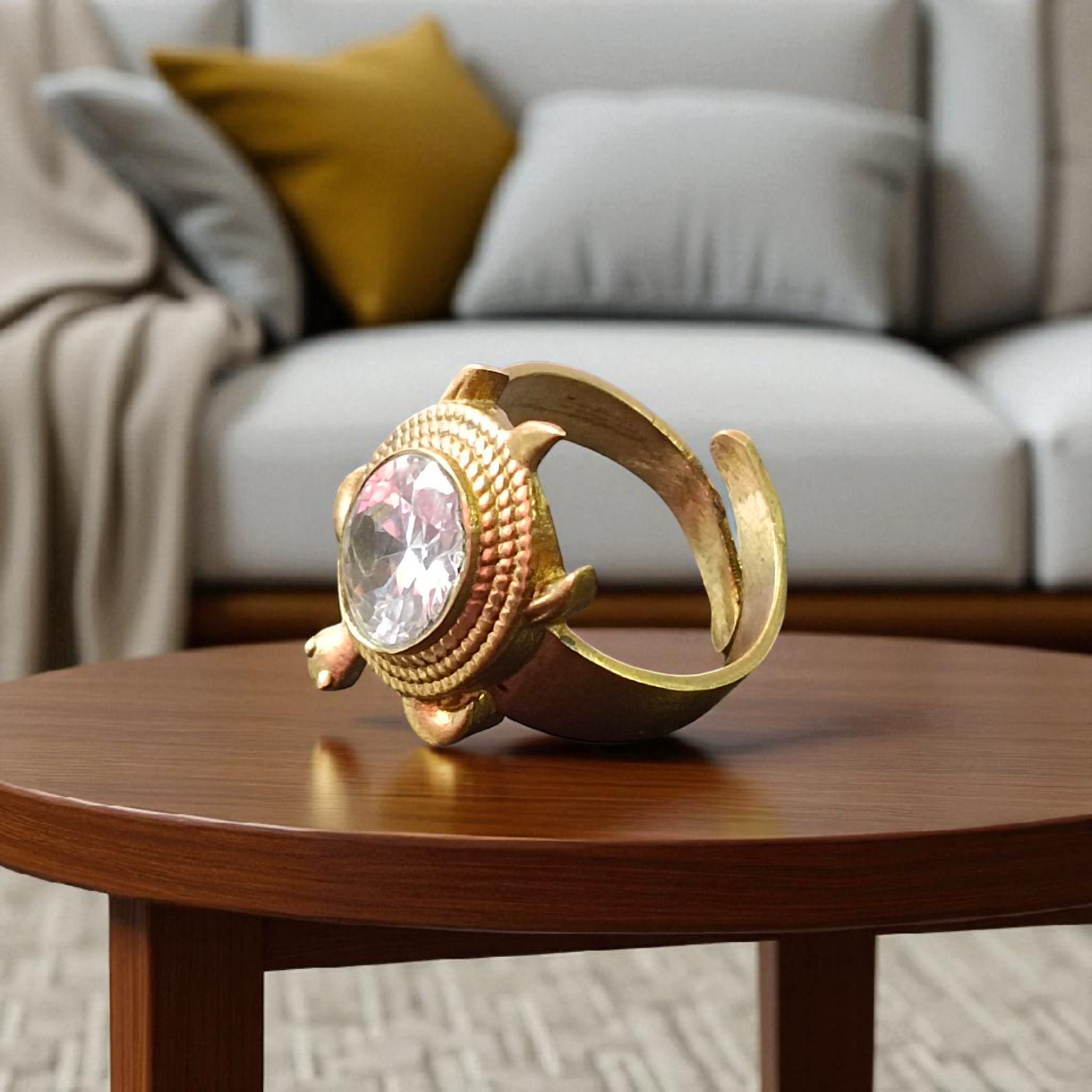 Close-up image of the Kachua Diamond Ring, featuring a diamond set in a tortoise-shaped design made from Ashtdhatu. The ring is adjustable, with intricate detailing suitable for both men and women.