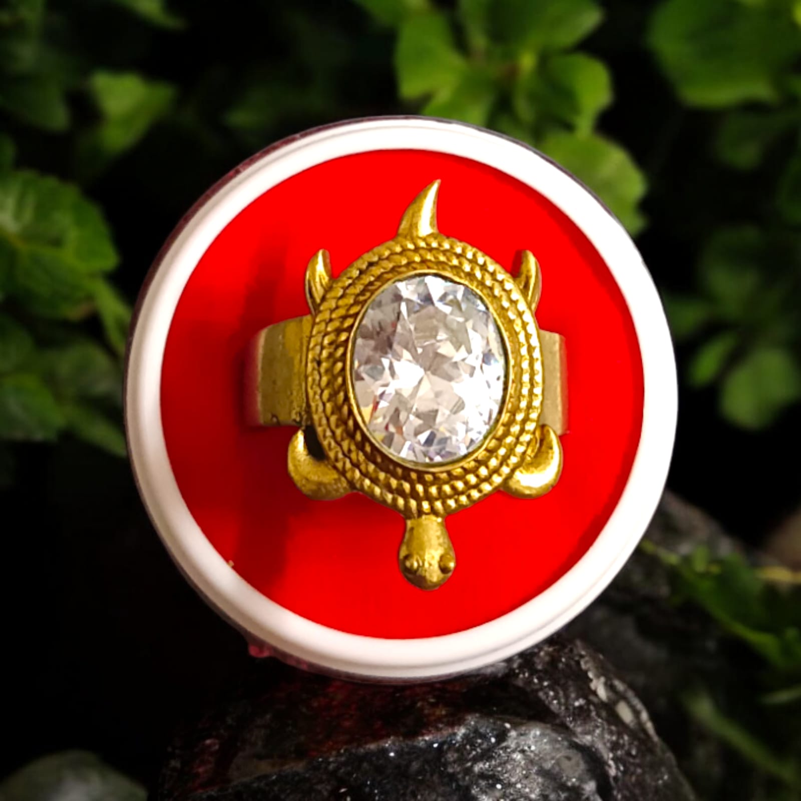 Close-up image of the Kachua Diamond Ring, featuring a diamond set in a tortoise-shaped design made from Ashtdhatu. The ring is adjustable, with intricate detailing suitable for both men and women.