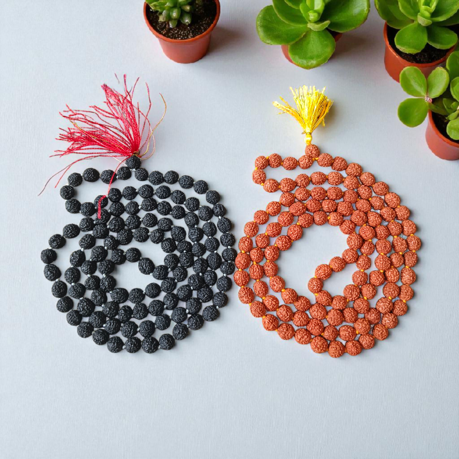 Combo Rudraksha and Black Rudraksha Mala with 108+1 beads for meditation, energy protection, and spiritual growth