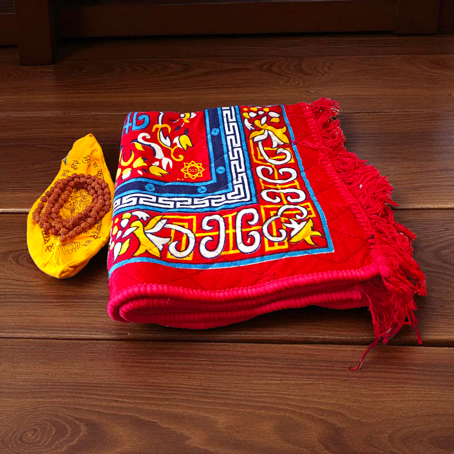 Combo of Lab Certified 5 Mukhi Rudraksha Mala, Red Pooja Aasan, and Gomukhi Bag for Meditation and Japa