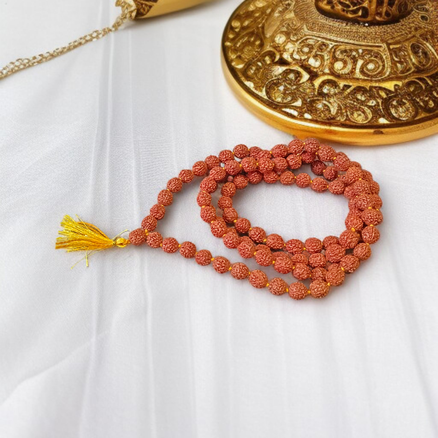 Combo of Lab Certified 5 Mukhi Rudraksha Mala, Red Pooja Aasan, and Gomukhi Bag for Meditation and Japa