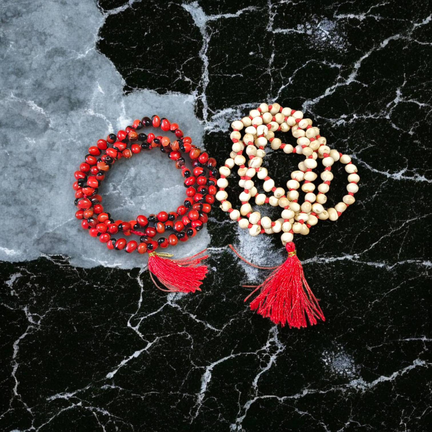 Combo of red and white Gunja mala made of 108+1 original seeds, ideal for Hanuman bhakti, tantra, and spiritual rituals