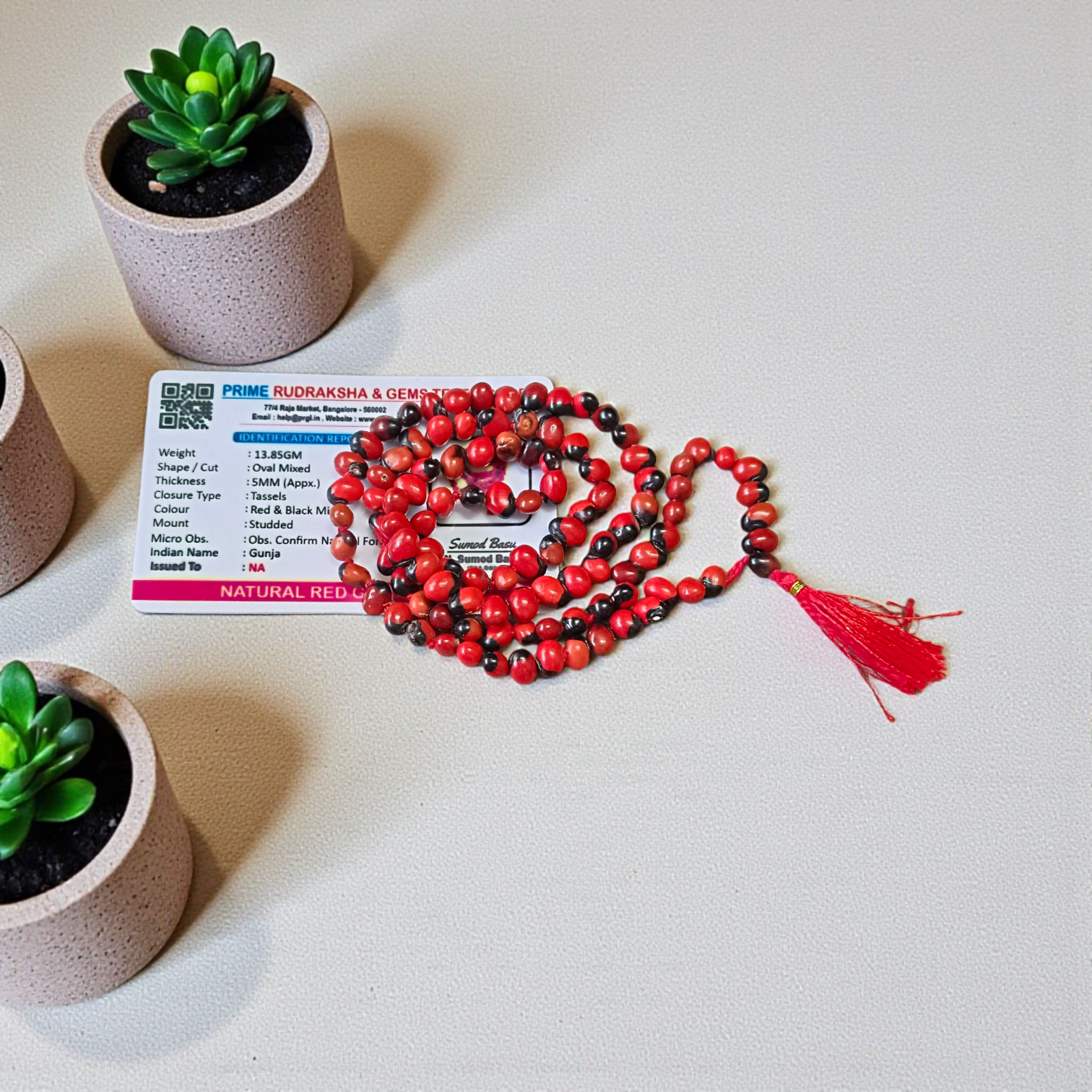 Combo of red and white Gunja mala made of 108+1 original seeds, ideal for Hanuman bhakti, tantra, and spiritual rituals