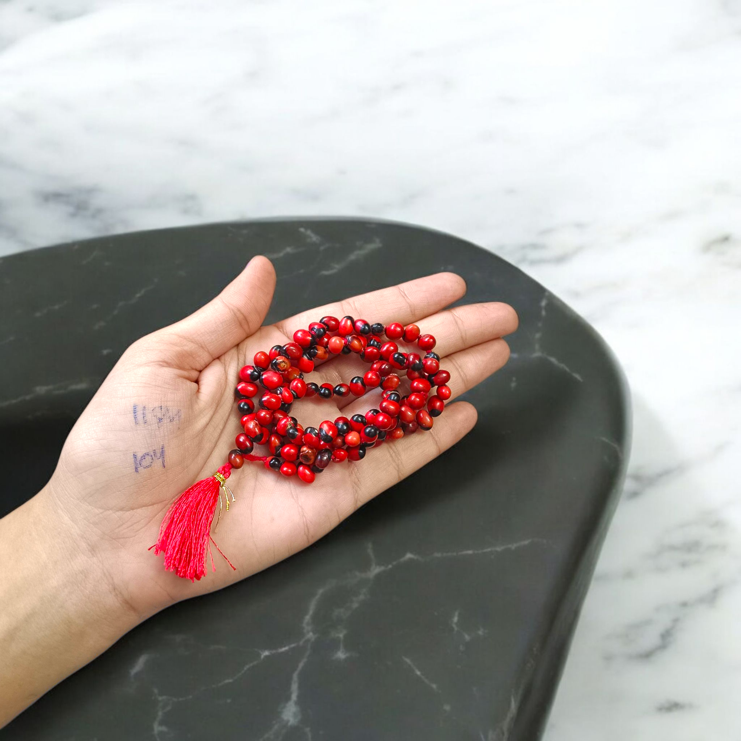 Combo of red and white Gunja mala made of 108+1 original seeds, ideal for Hanuman bhakti, tantra, and spiritual rituals