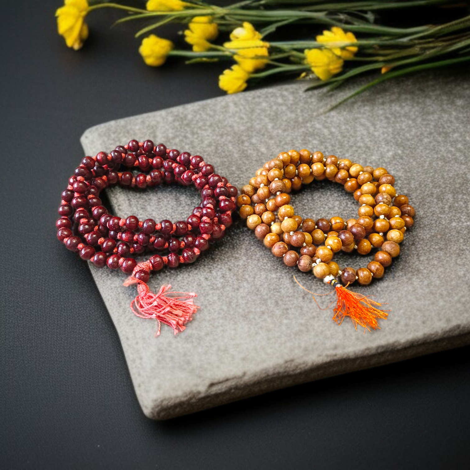 Combo of red and white sandalwood jaap mala with 108 beads used for meditation, chanting, and puja rituals – ideal for peace and prosperity